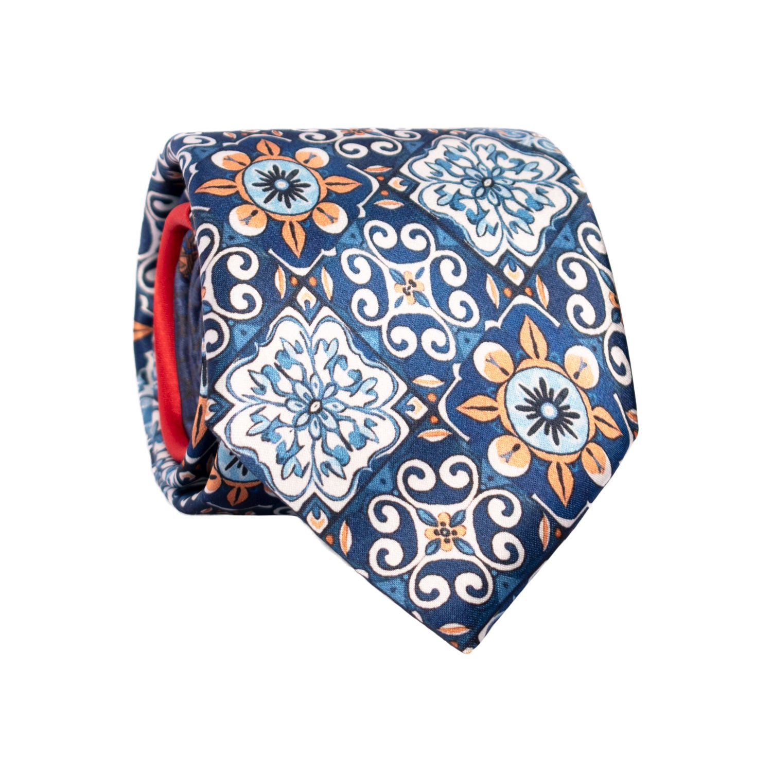 Cravatta Siciliana Stampa di Raso Multicolor con Maioliche Nodo in Contrasto Rosso Arancio N3233 Graffeo Cravatte Made in Italy Rotolo