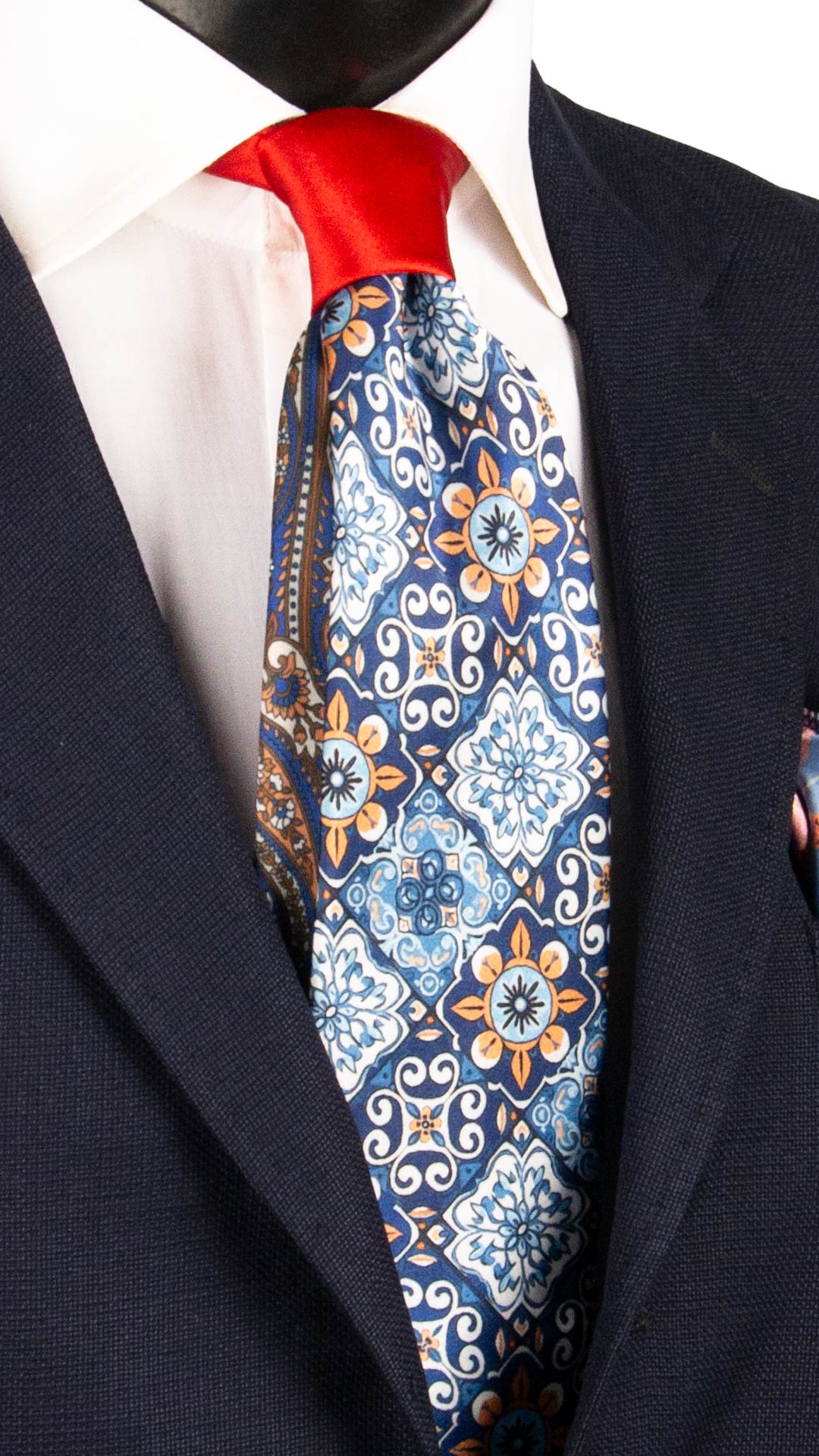 Cravatta Siciliana Stampa di Raso Multicolor con Maioliche Nodo in Contrasto Rosso Arancio N3233 Graffeo Cravatte Made in Italy