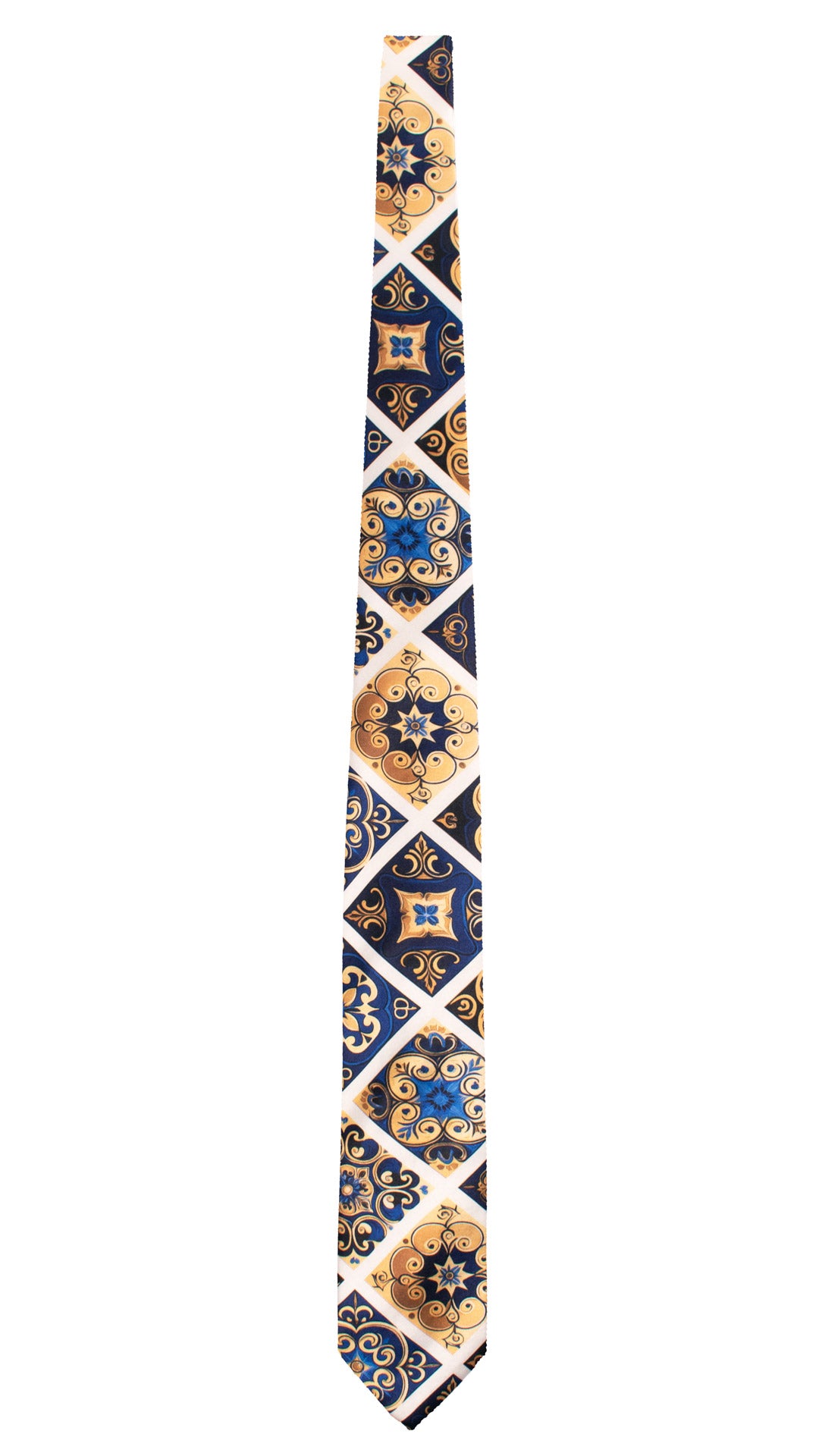 Cravatta Siciliana Stampa di Raso con Maioliche Giallo Oro Blu Bluette CS39 Made in Italy Graffeo Cravatte Intera