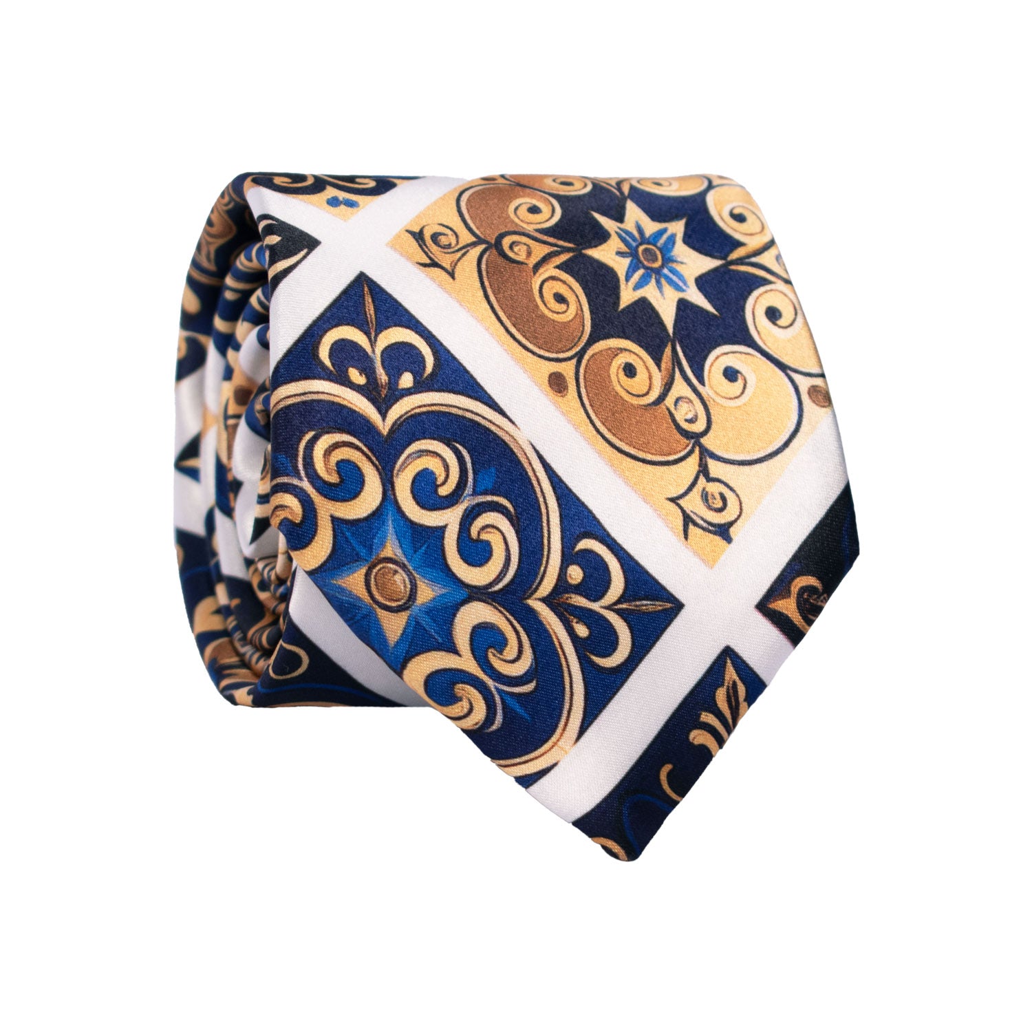 Cravatta Siciliana Stampa di Raso con Maioliche Giallo Oro Blu Bluette CS39 Made in Italy Graffeo Cravatte Rotolo