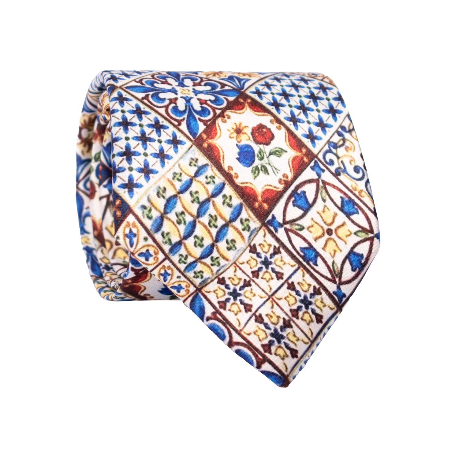 Cravatta Siciliana Stampa di Raso con Maioliche Multicolor CS31 Made in Italy Graffeo Cravatte Rotolo