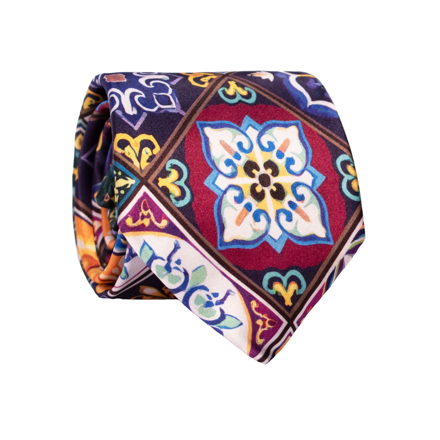 Cravatta Siciliana Stampa di Raso con Maioliche Multicolor CS36 Made in Italy Graffeo Cravatte Rotolo