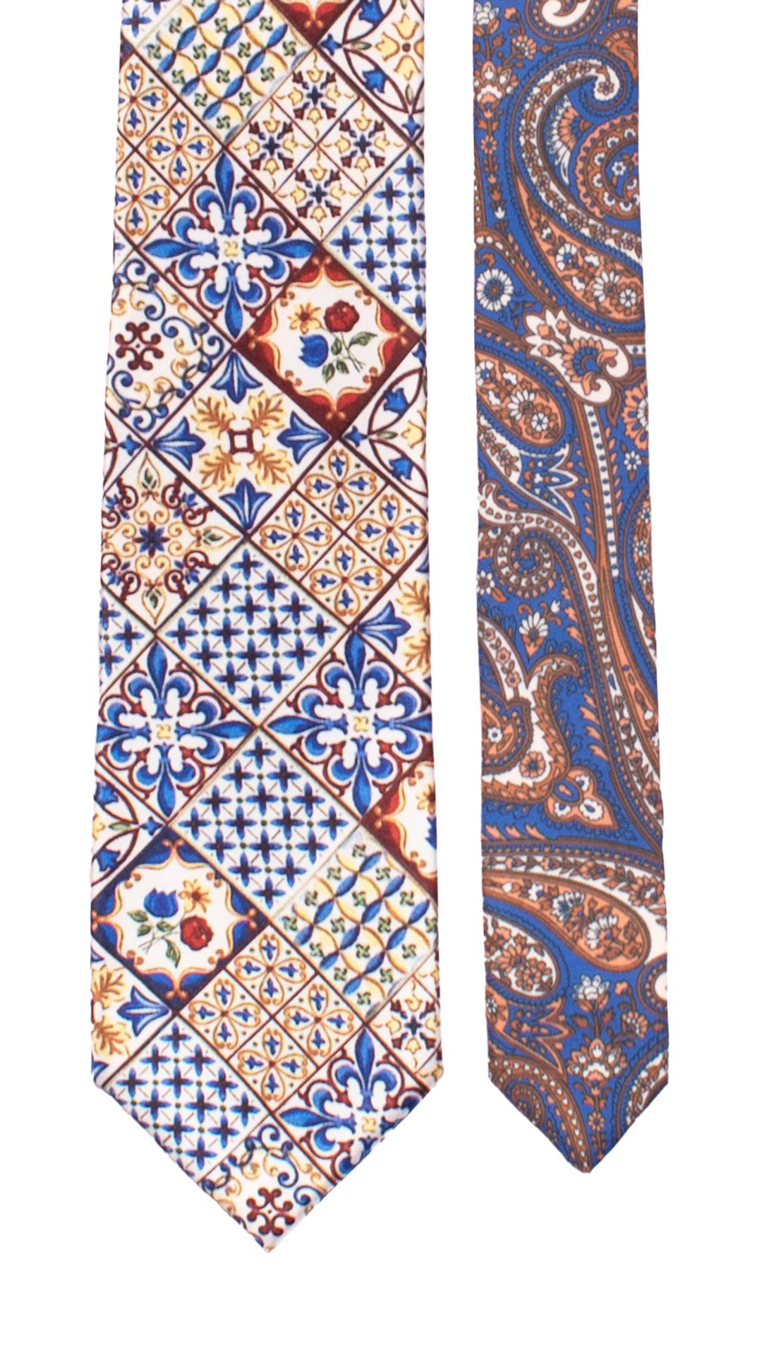 Cravatta Siciliana Stampa di Raso con Maioliche Multicolor Nodo in Contrasto Blu N3237 Made in Italy Graffeo Cravatte Pala