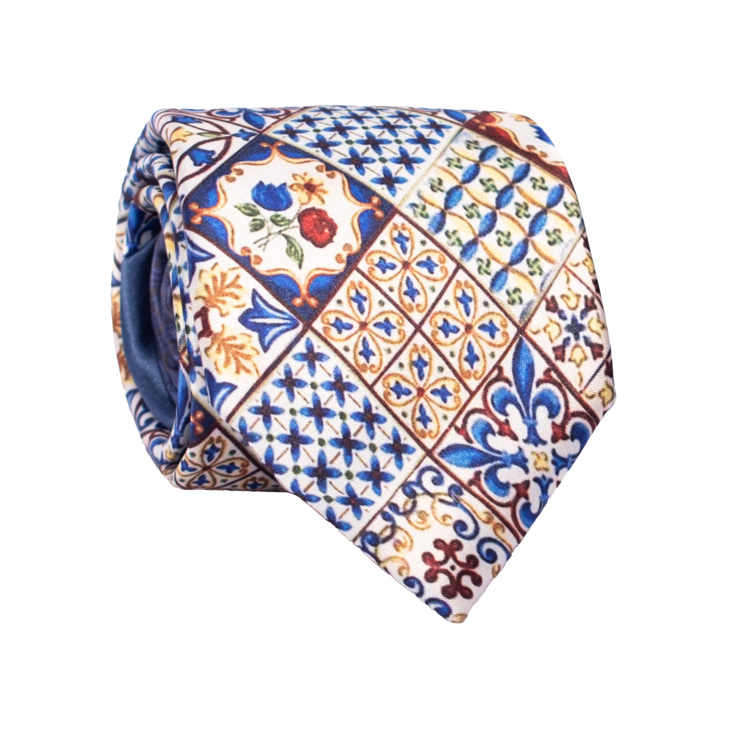 Cravatta Siciliana Stampa di Raso con Maioliche Multicolor Nodo in Contrasto Blu N3237 Made in Italy Graffeo Cravatte Rotolo