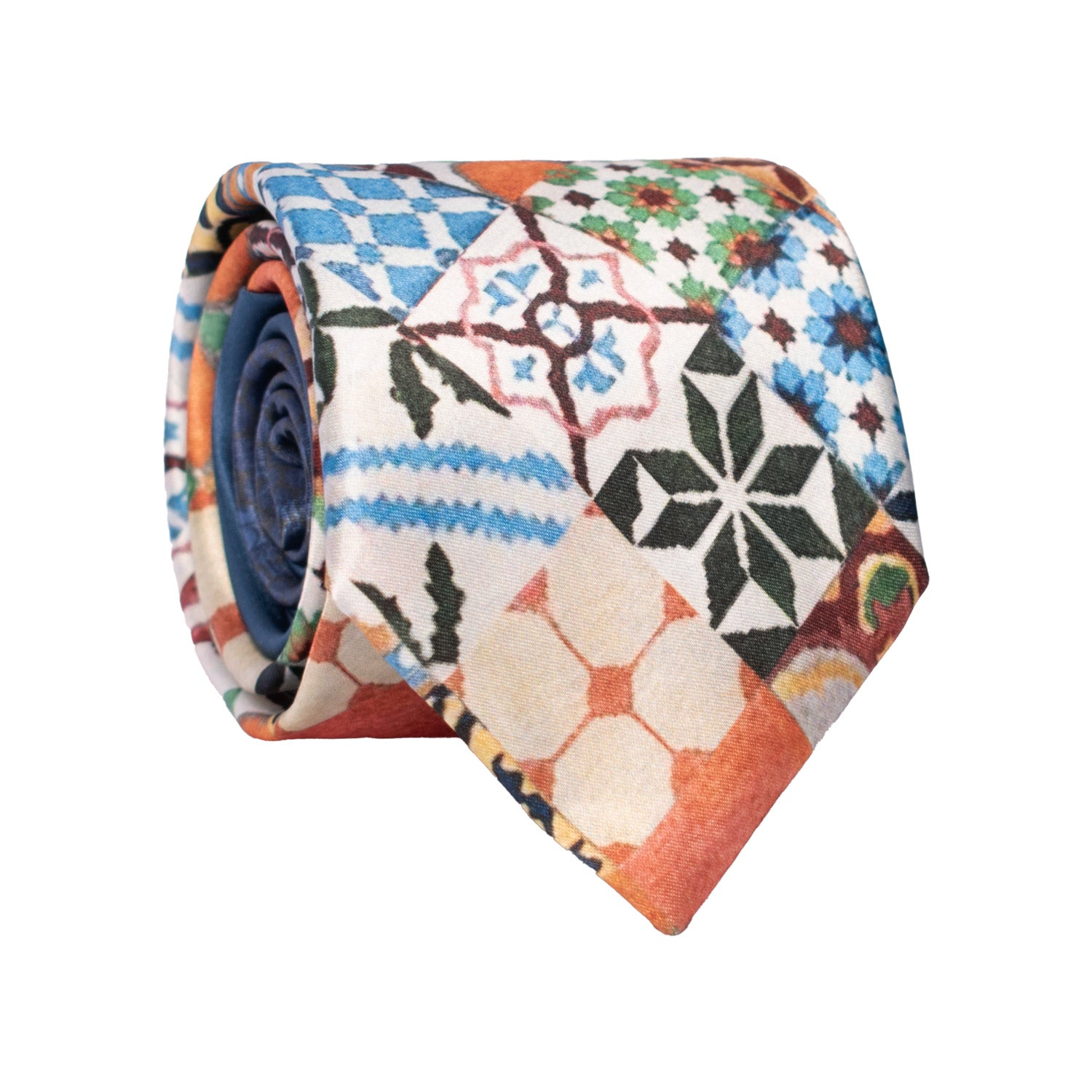 Cravatta Siciliana Stampa di Raso con Maioliche Multicolor Nodo in Contrasto Blu N3238 Made in Italy Graffeo Cravatte Rotolo