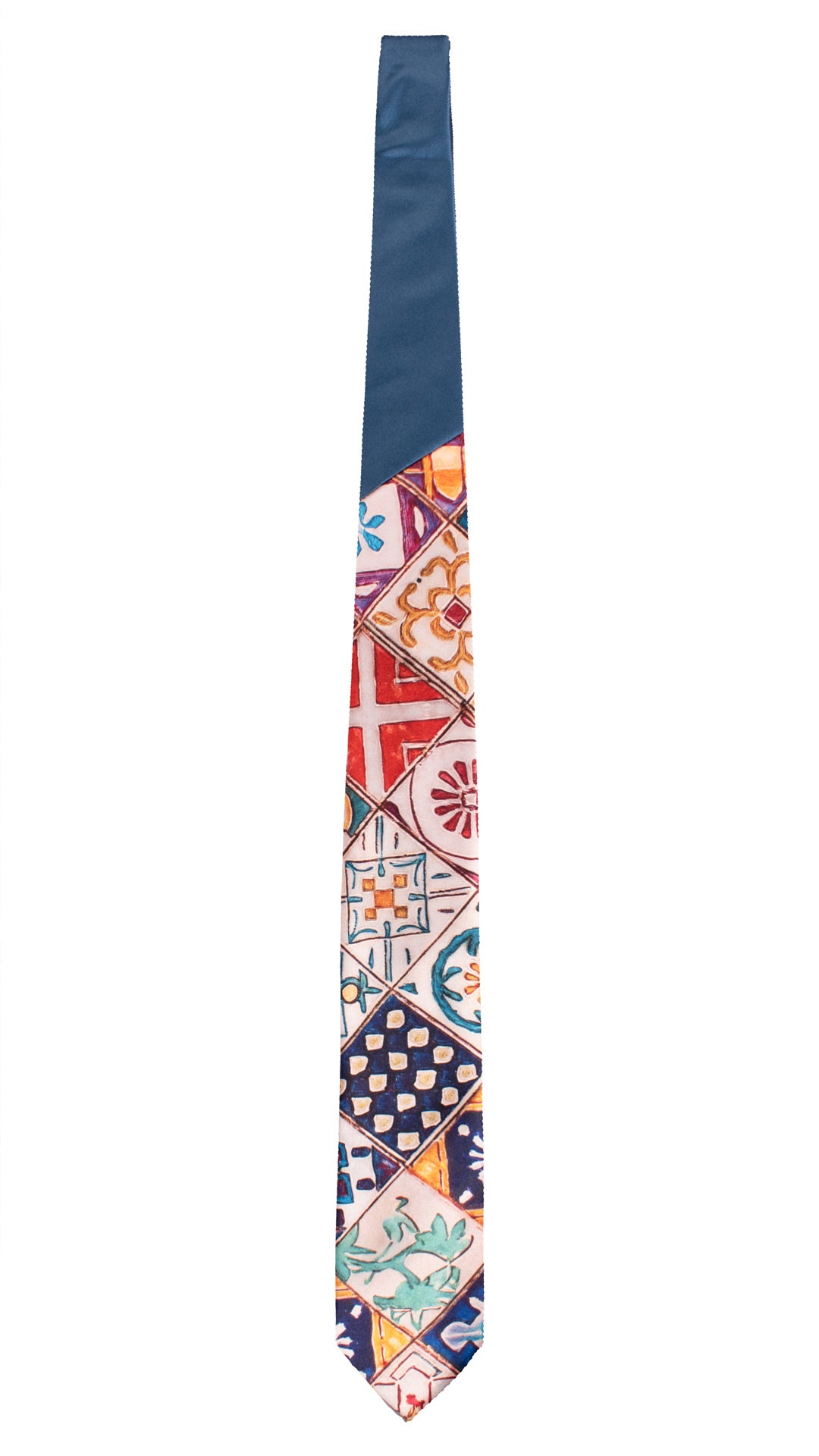 Cravatta Siciliana Stampa di Raso con Maioliche Multicolor Nodo in Contrasto Blu N3256 Made in Italy Graffeo Cravatte Intera