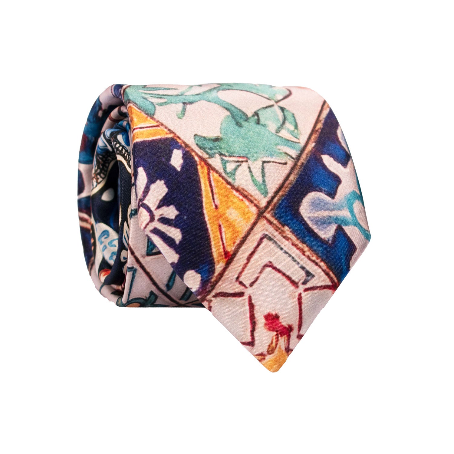 Cravatta Siciliana Stampa di Raso con Maioliche Multicolor Nodo in Contrasto Blu N3256 Made in Italy Graffeo Cravatte Rotolo