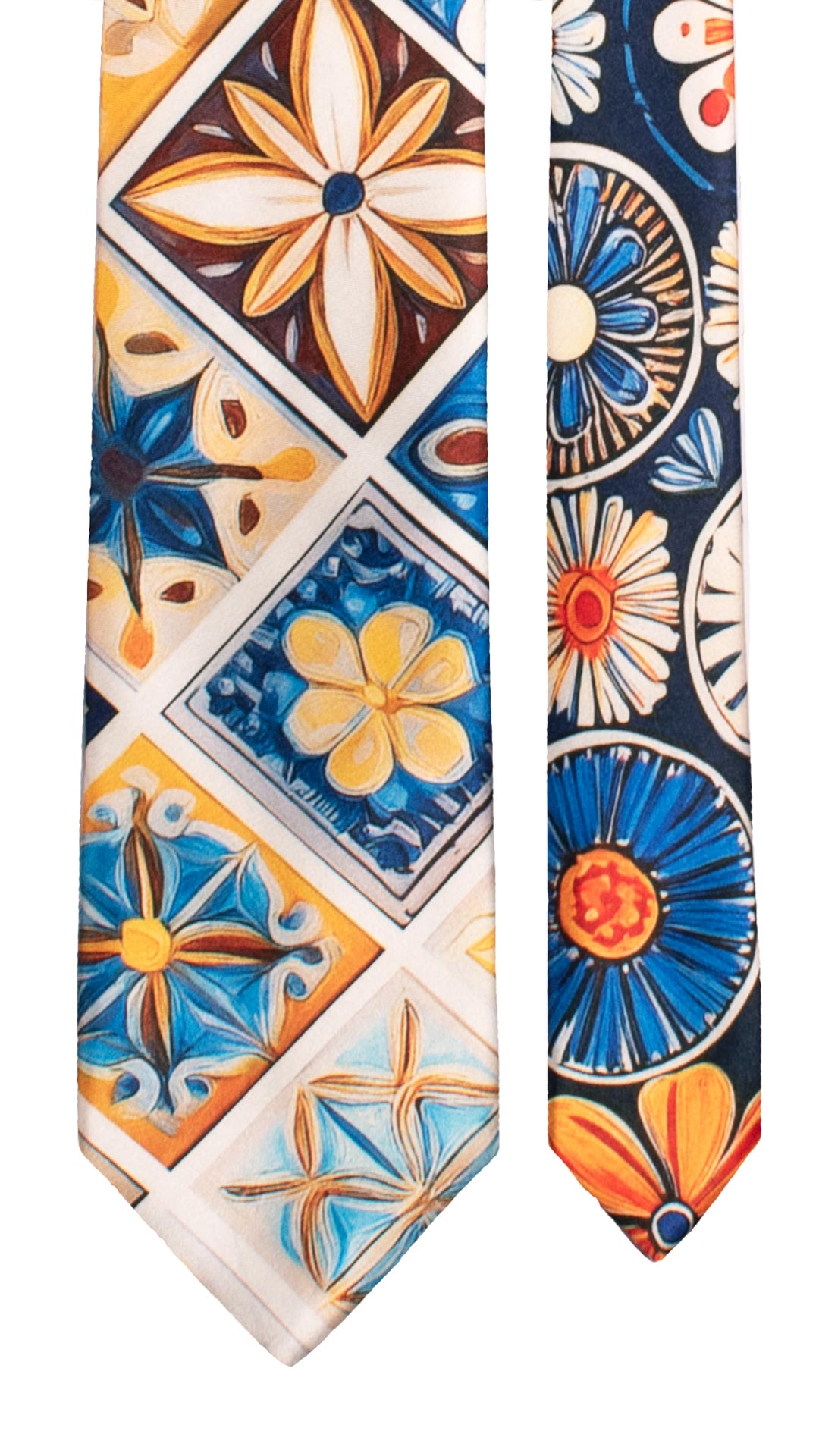 Cravatta Siciliana Stampa di Raso con Maioliche Multicolor Nodo in Contrasto Blu N3261 Made in Italy Graffeo Cravatte Pala