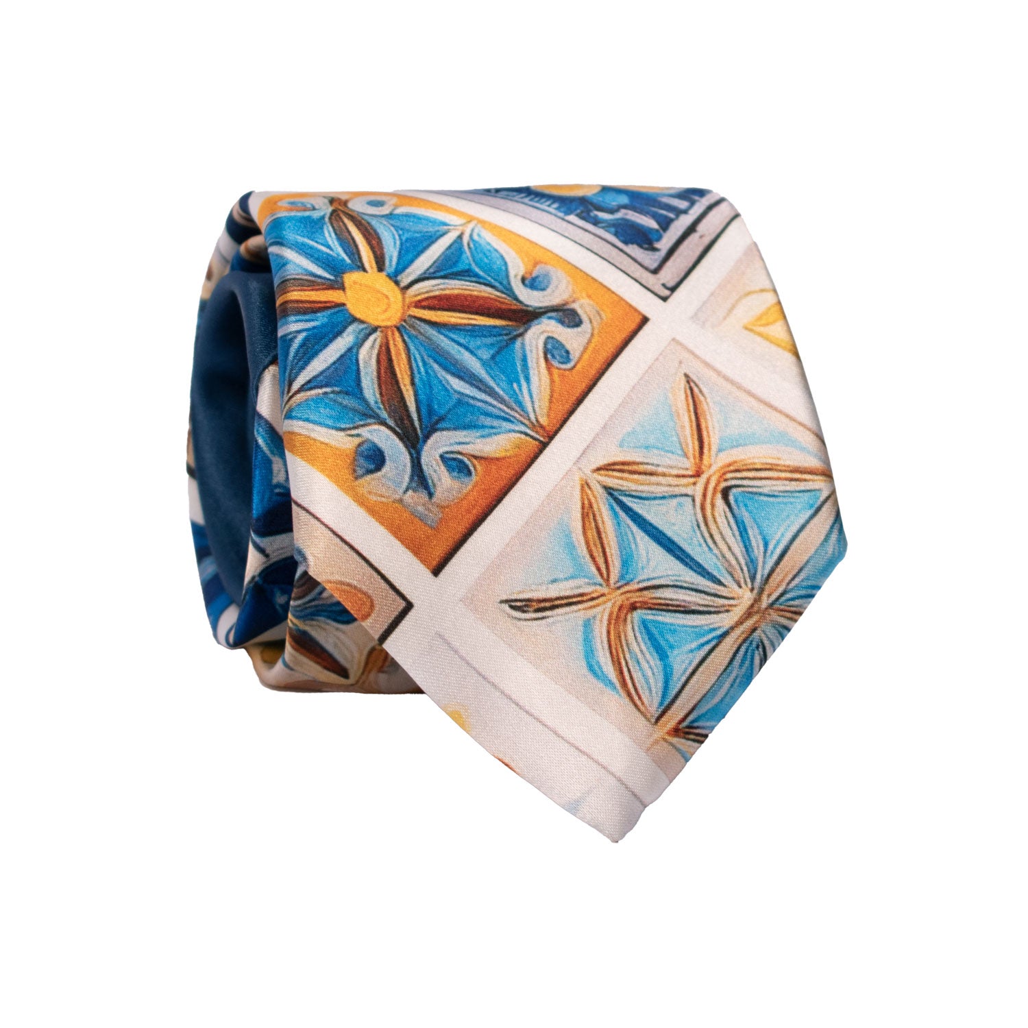 Cravatta Siciliana Stampa di Raso con Maioliche Multicolor Nodo in Contrasto Blu N3261 Made in Italy Graffeo Cravatte Rotolo