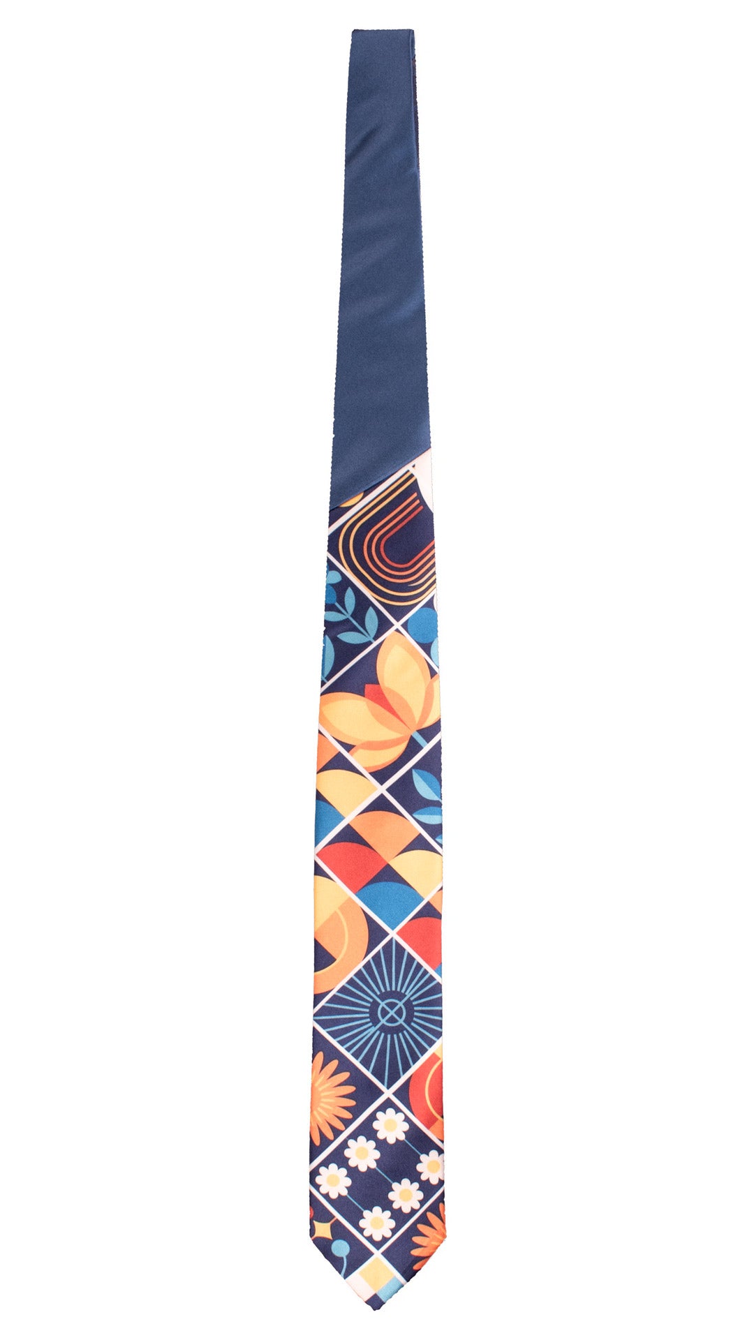 Cravatta Siciliana Stampa di Raso con Maioliche Multicolor Nodo in Contrasto Blu N3506 Made in Italy Graffeo Cravatte Intera