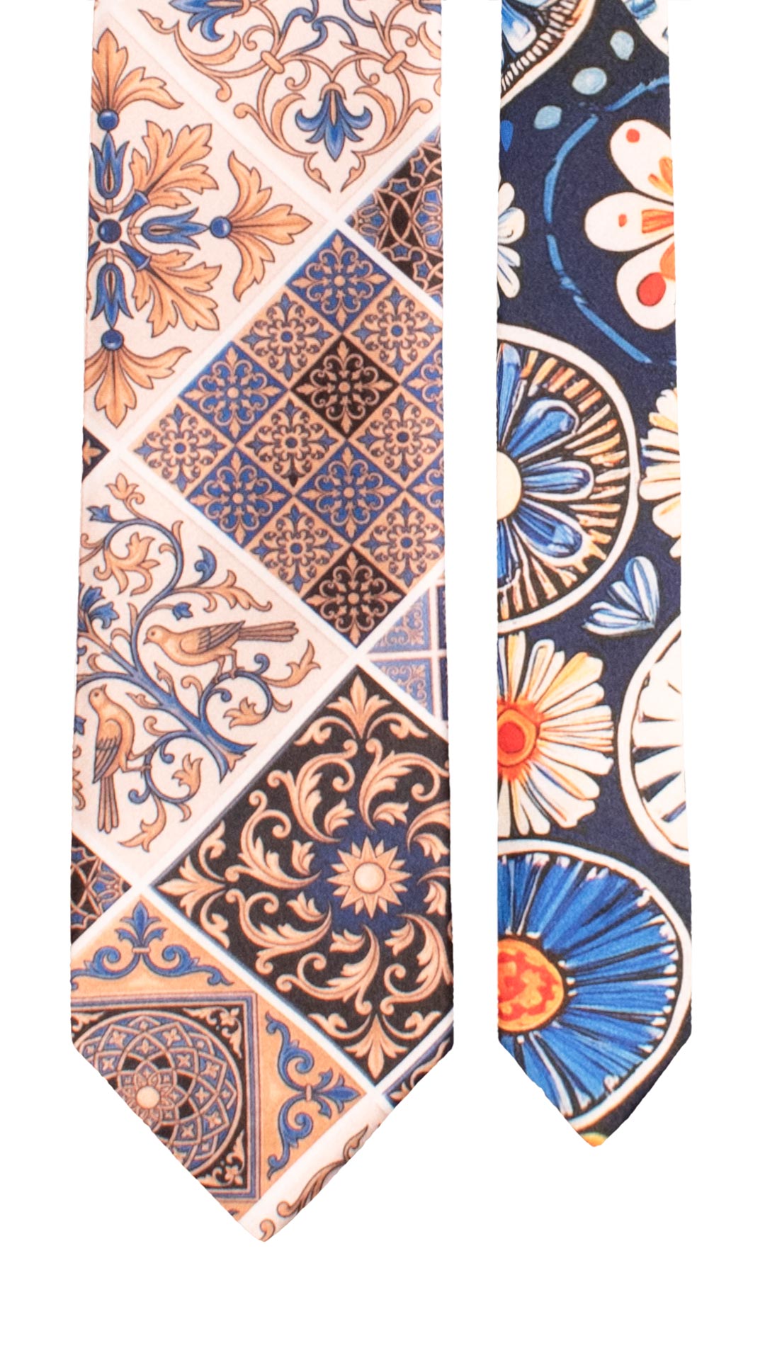 Cravatta Siciliana Stampa di Raso con Maioliche Multicolor Nodo in Contrasto Blu N3508 Made in Italy Graffeo Cravatte Pala