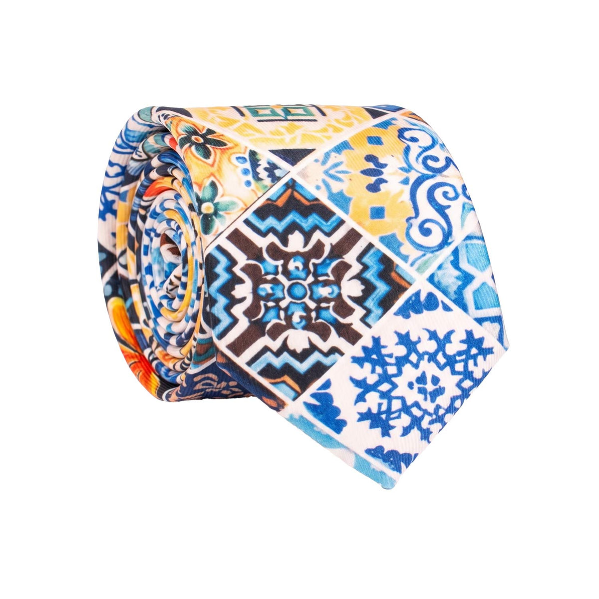 Cravatta Siciliana Stampa di Raso con Maioliche Multicolor Nodo in Contrasto Blu N3510 Made in Italy Graffeo Cravatte Rotolo