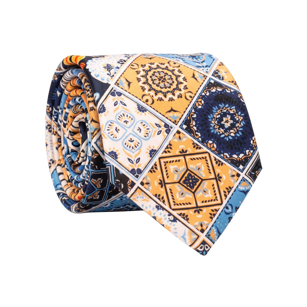 Cravatta Siciliana Stampa di Raso con Maioliche Multicolor Nodo in Contrasto Blu N3512 Made in Italy Graffeo Cravatte Rotolo