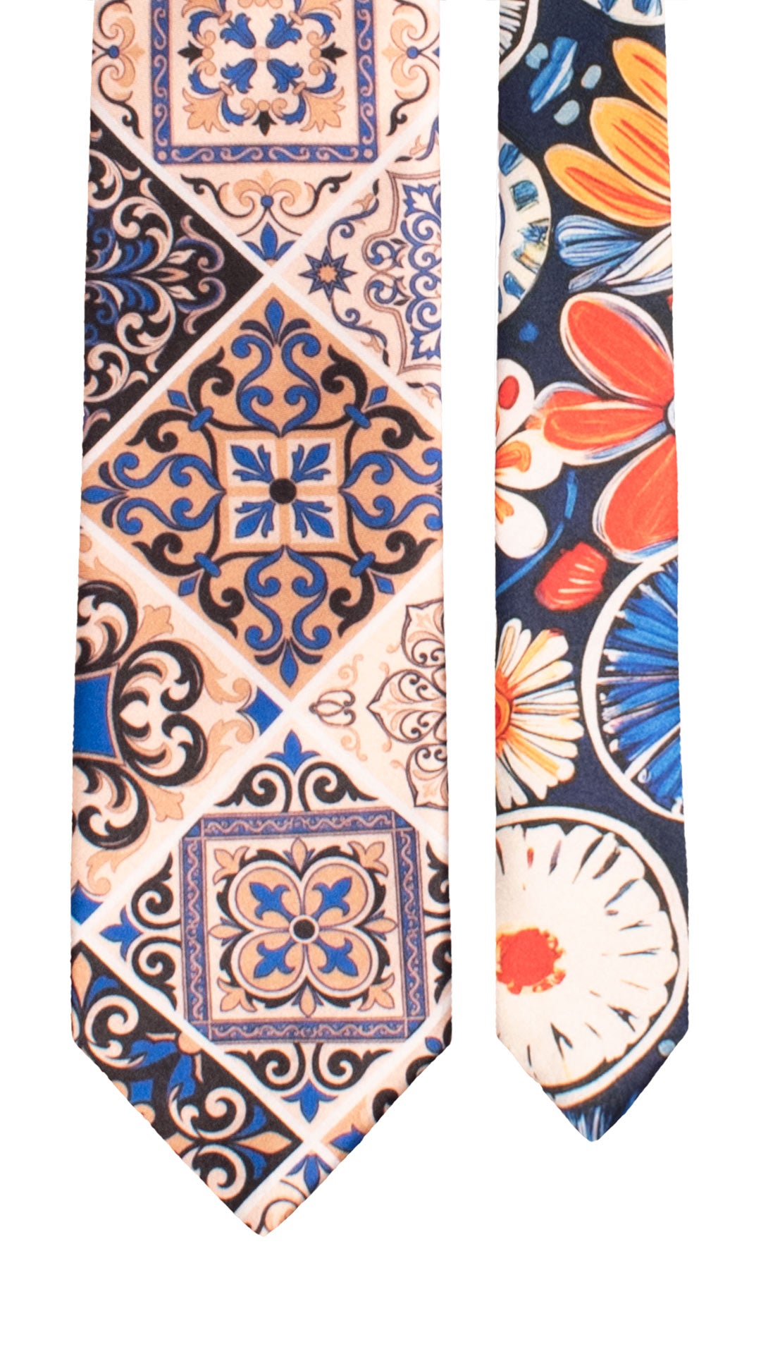 Cravatta Siciliana Stampa di Raso con Maioliche Multicolor Nodo in Contrasto Blu N3513 Made in Italy Graffeo Cravatte Pala