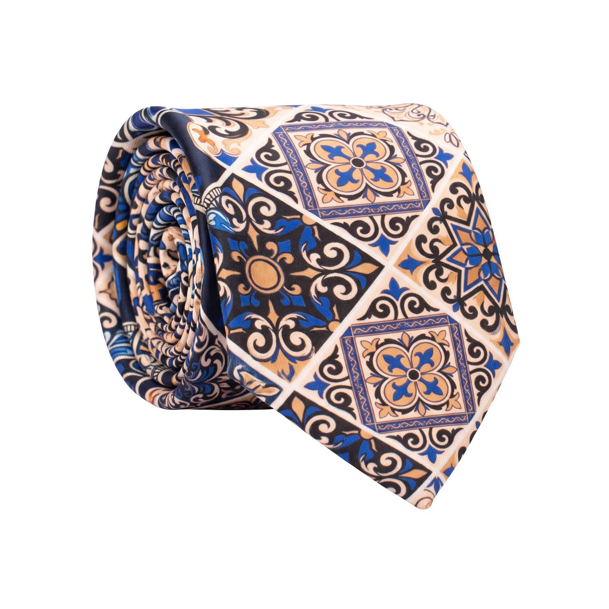 Cravatta Siciliana Stampa di Raso con Maioliche Multicolor Nodo in Contrasto Blu N3513 Made in Italy Graffeo Cravatte Rotolo