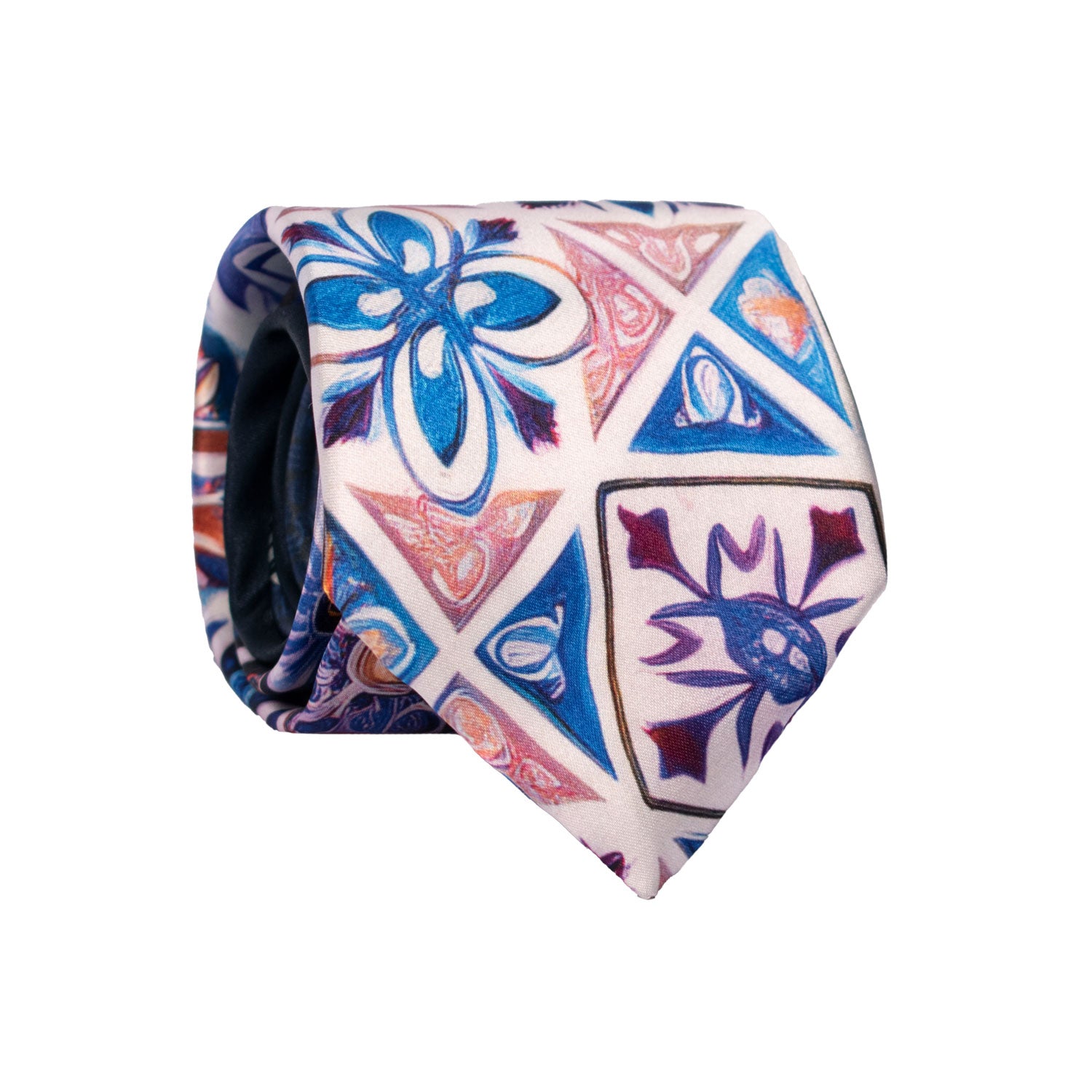 Cravatta Siciliana Stampa di Raso con Maioliche Multicolor Nodo in Contrasto Blu Notte N3254 Made in Italy Graffeo Cravatte Rotolo
