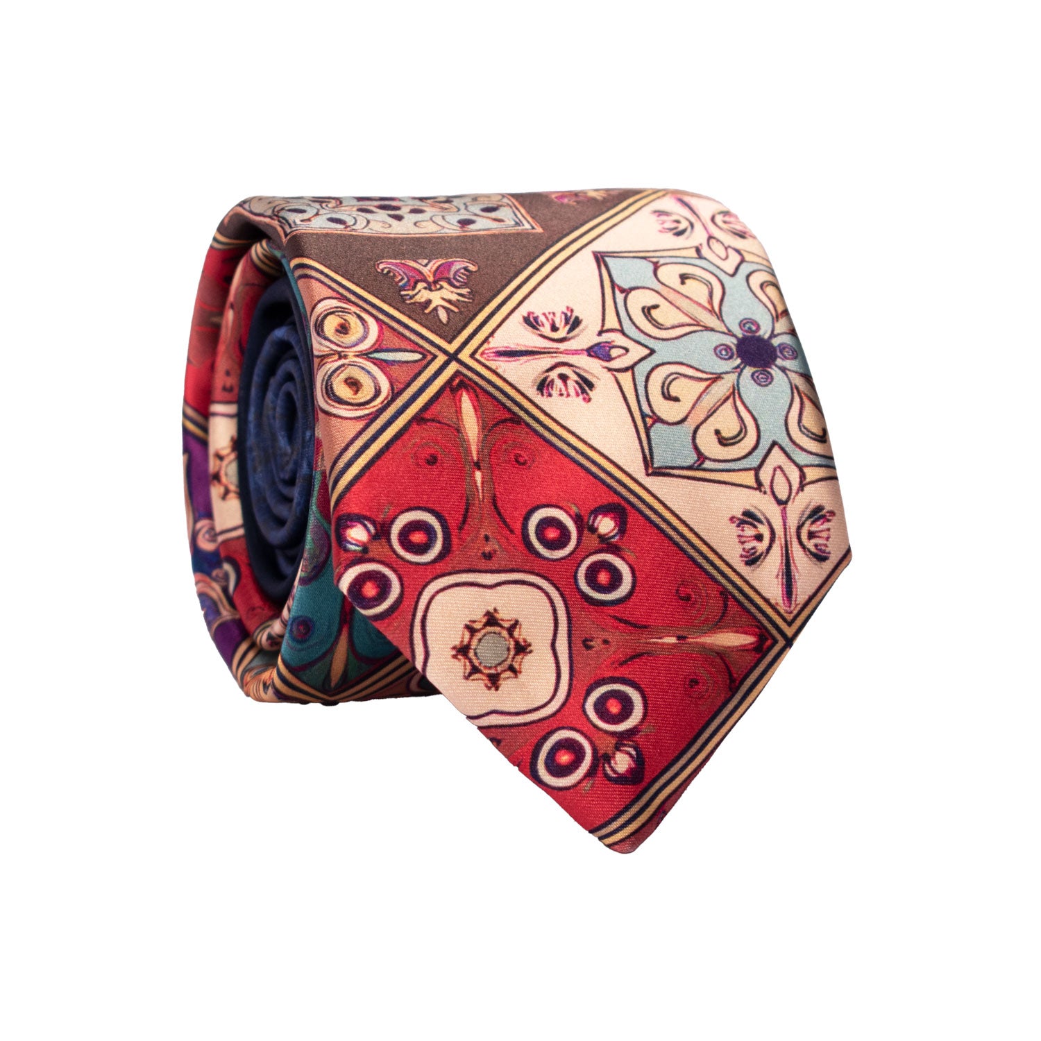 Cravatta Siciliana Stampa di Raso con Maioliche Multicolor Nodo in Contrasto Blu Notte N3257 Made in Italy Graffeo Cravatte Rotolo