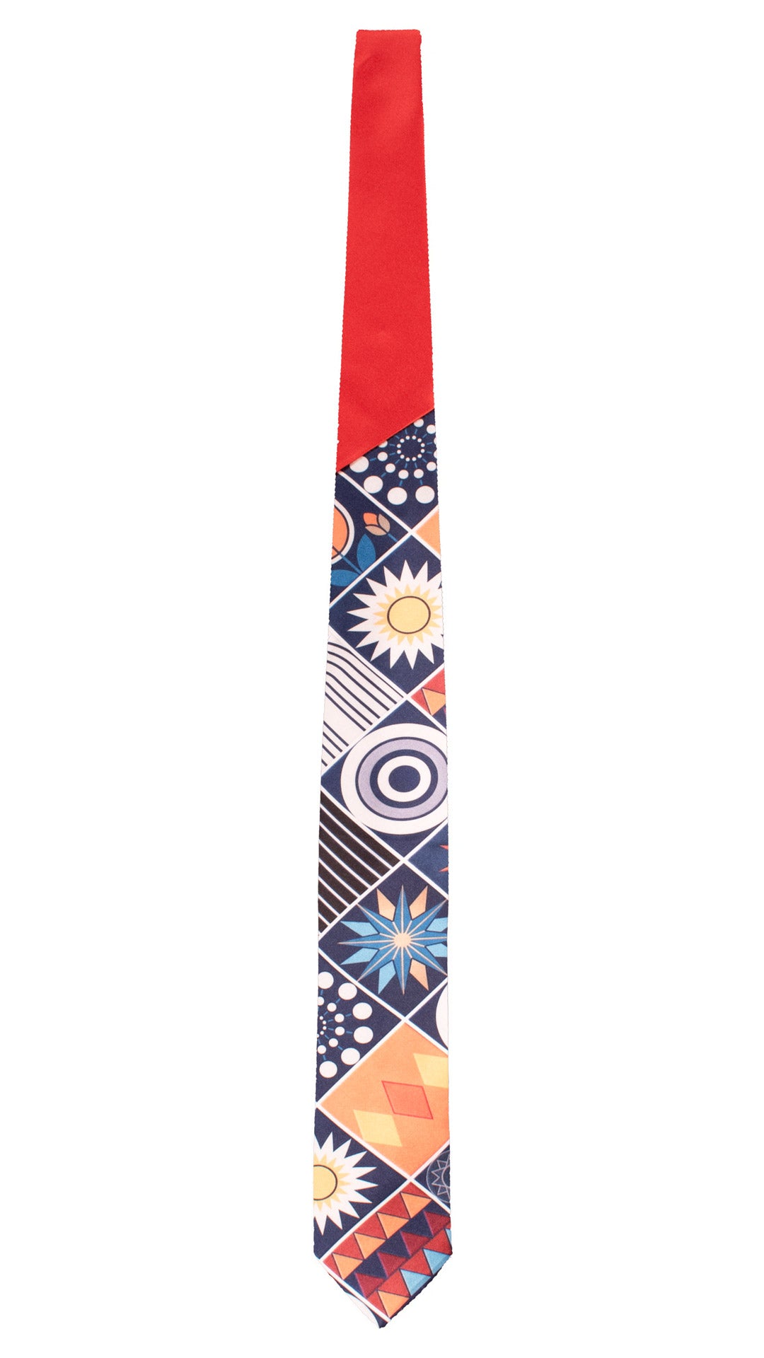 Cravatta Siciliana Stampa di Raso con Maioliche Multicolor Nodo in Contrasto Rosso Arancio N3505 Made in Italy Graffeo Cravatte Intera