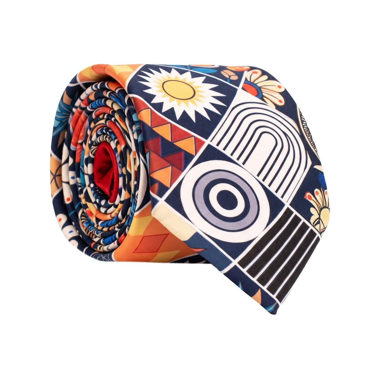 Cravatta Siciliana Stampa di Raso con Maioliche Multicolor Nodo in Contrasto Rosso Arancio N3505 Made in Italy Graffeo Cravatte Rotolo
