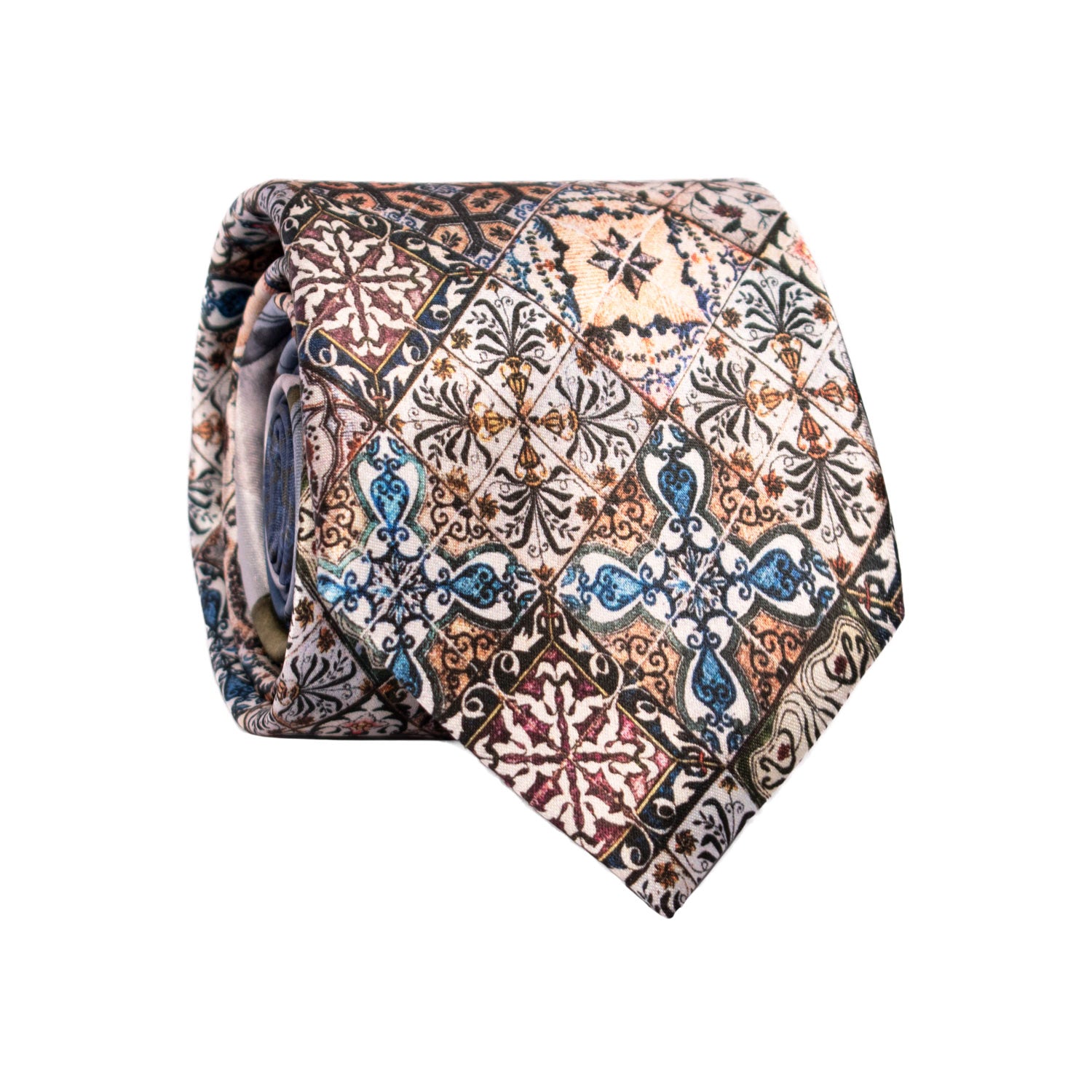 Cravatta Siciliana Stampa di Raso con Maioliche Nodo in Contrasto Fantasia Multicolor N3235 Graffeo Cravatte Made in Italy Rotolo