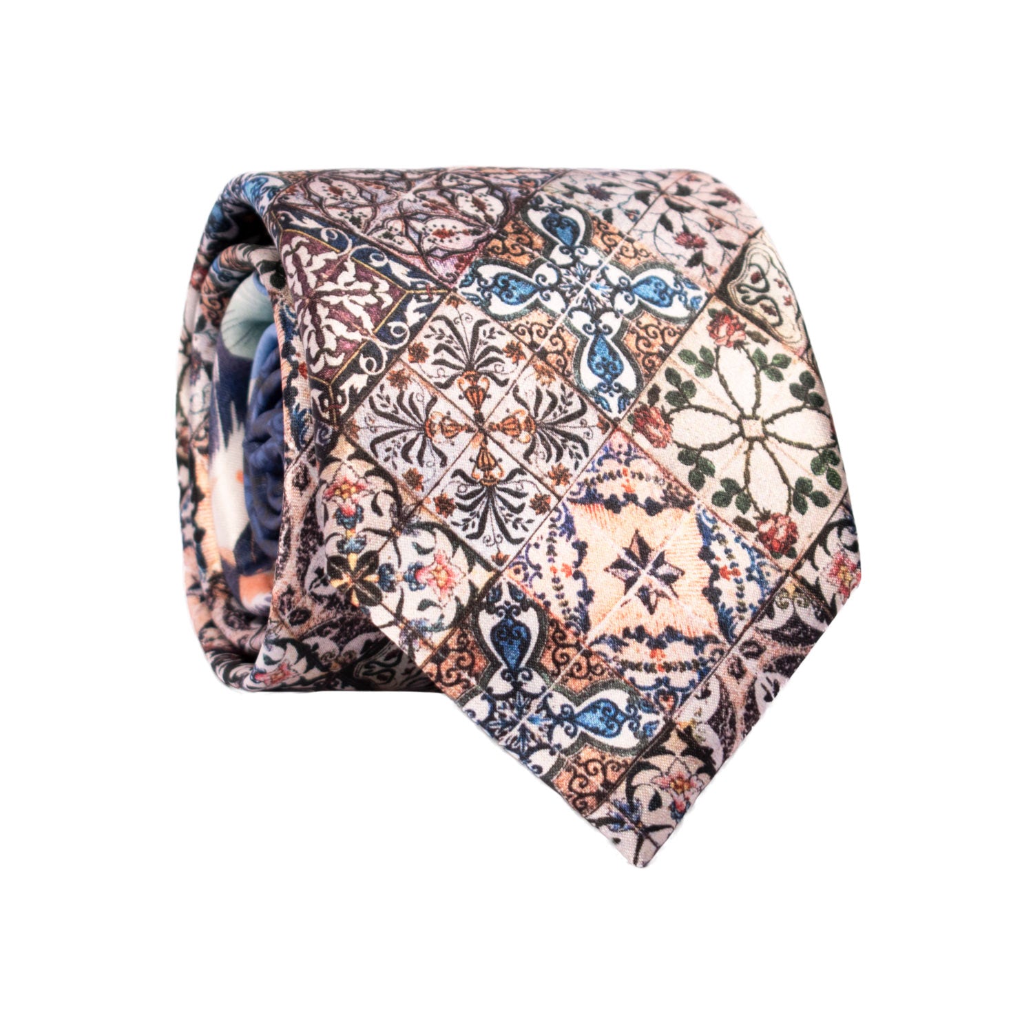 Cravatta Siciliana Stampa di Raso con Maioliche Nodo in Contrasto a Fiori Multicolor N3236 Graffeo Cravatte Made in Italy Rotolo