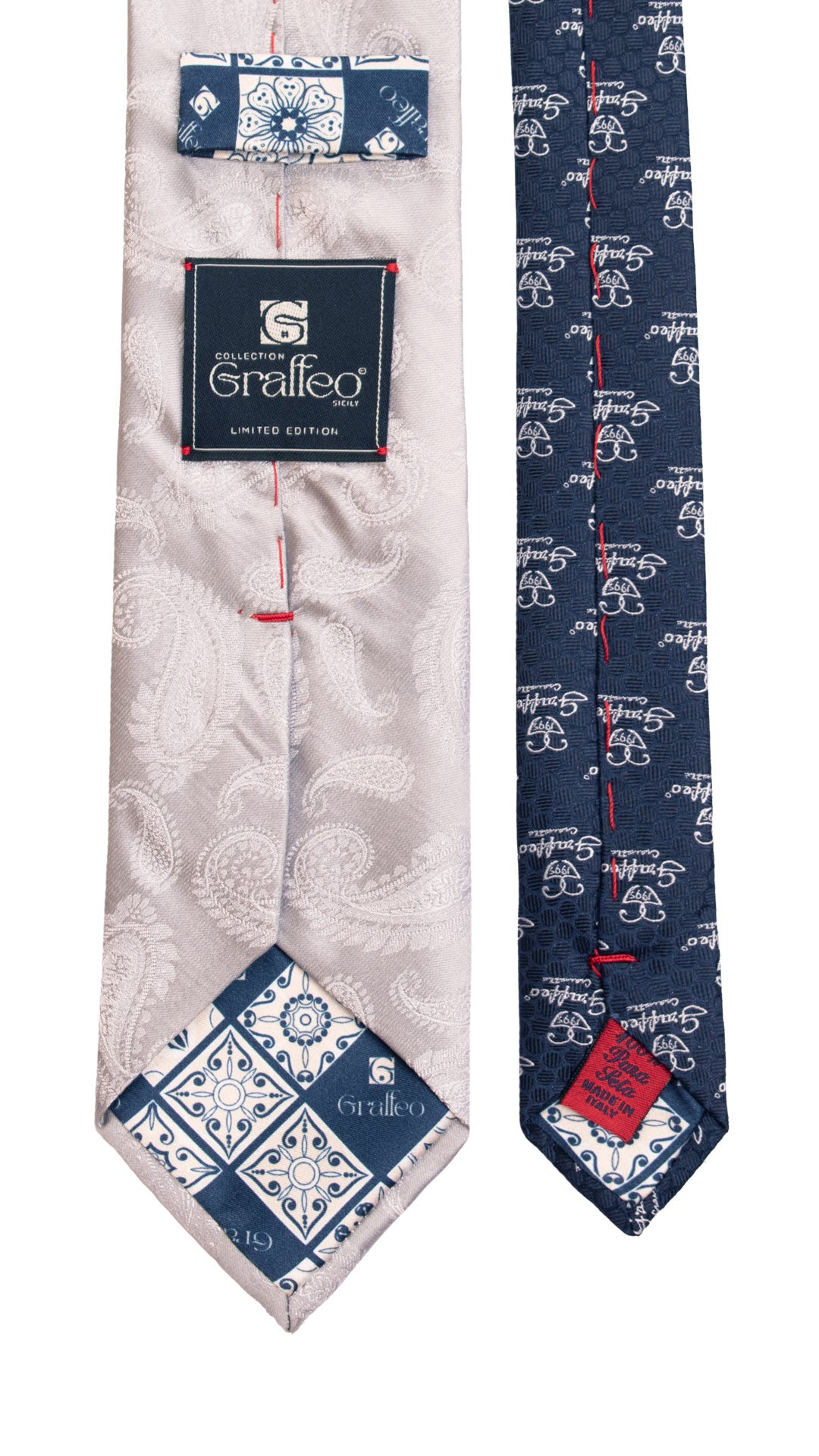 Cravatta Grigia Argento Paisley Tono su Tono Pala Piccola in Contrasto Blu AN3 Made in Italy Graffeo Cravatte Pala