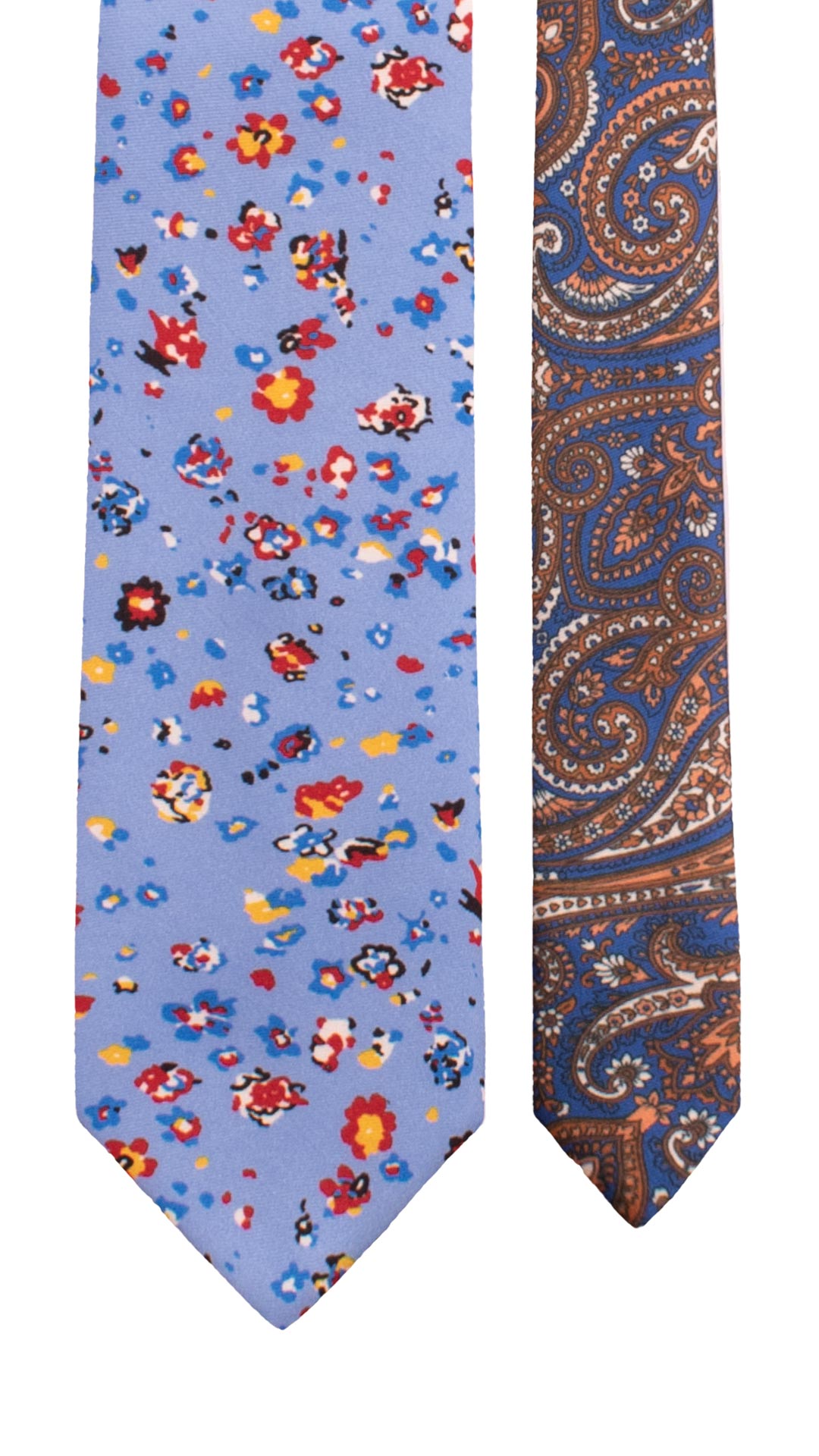 Cravatta Stampa di Seta Azzurra Fantasia Multicolor Nodo in Contrasto Arancione Fantasia Blu Bianco Nero N3312 Graffeo Cravatte Made in Italy Pala