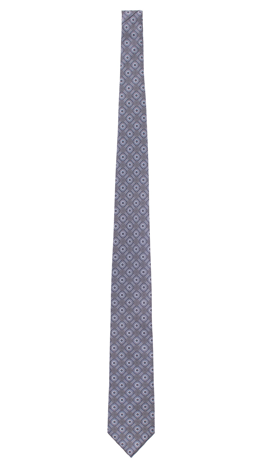 Cravatta Stampa di Seta Avio a Medaglioni Grigio Argento Celeste AN7309 Made in Italy Graffeo Cravatte Intera