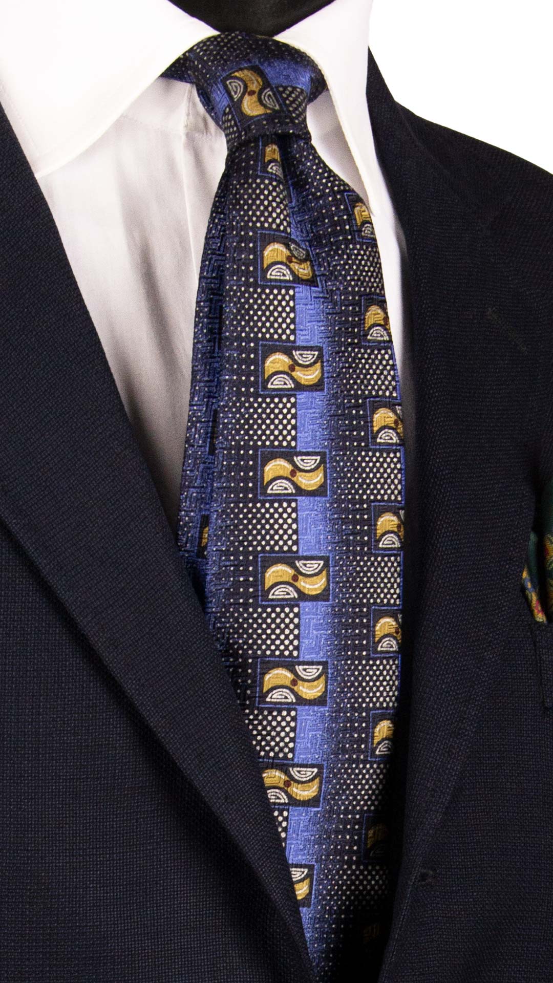 Cravatta-Stampa-di-Seta-Blu-Celeste-Vintage-Fantasia-Giallo-Oro-Grigio-Argento-7049