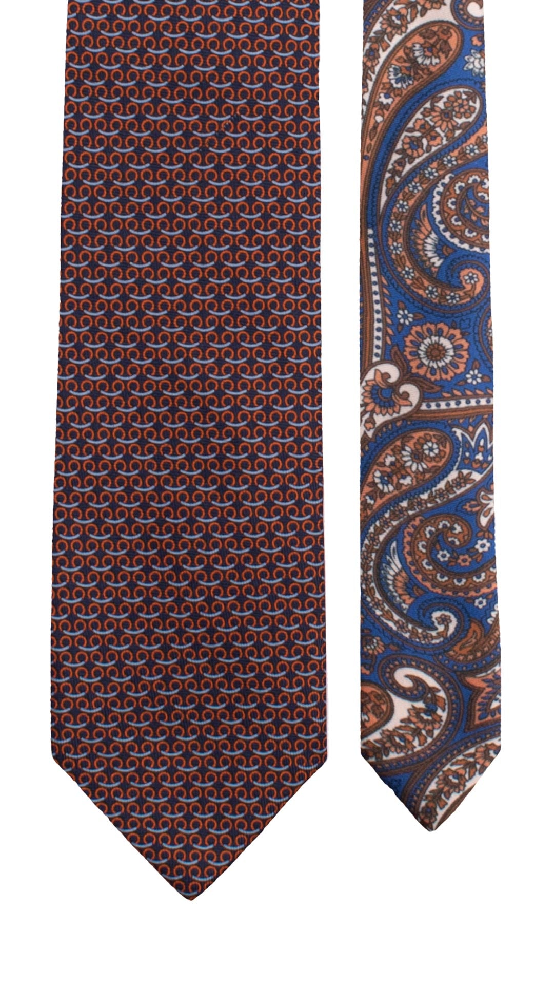 Cravatta Stampa di Seta Blu Fantasia Arancione Celeste Nodo in Contrasto Rosa Salmone Paisley Multicolor N3305 Made in Italy Graffeo Cravatte Pala