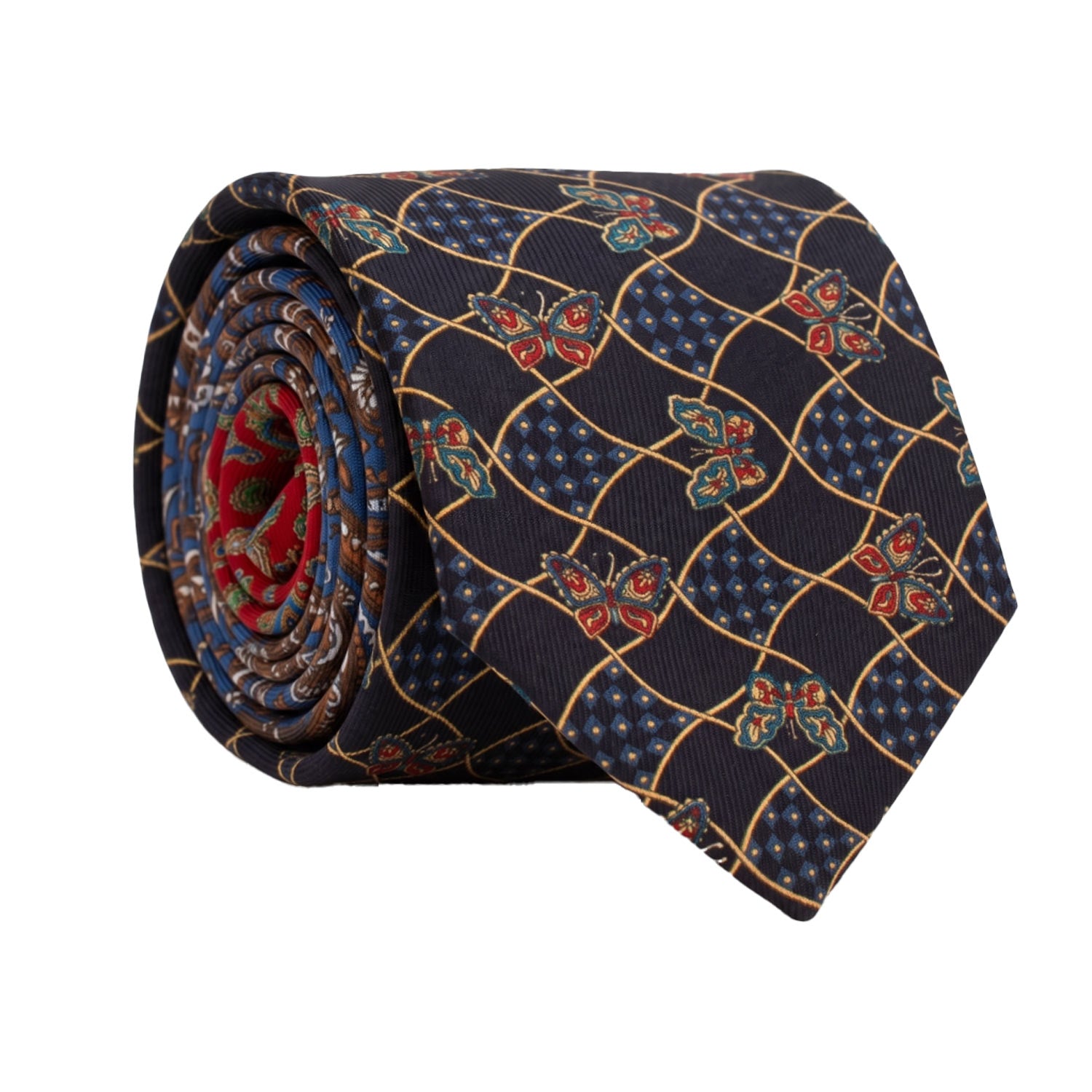 Cravatta Stampa di Seta Blu Fantasia Multicolor Nodo in Contrasto Rosso Paisley Multicolor N3283 made in Italy Graffeo Cravatte Rotolo