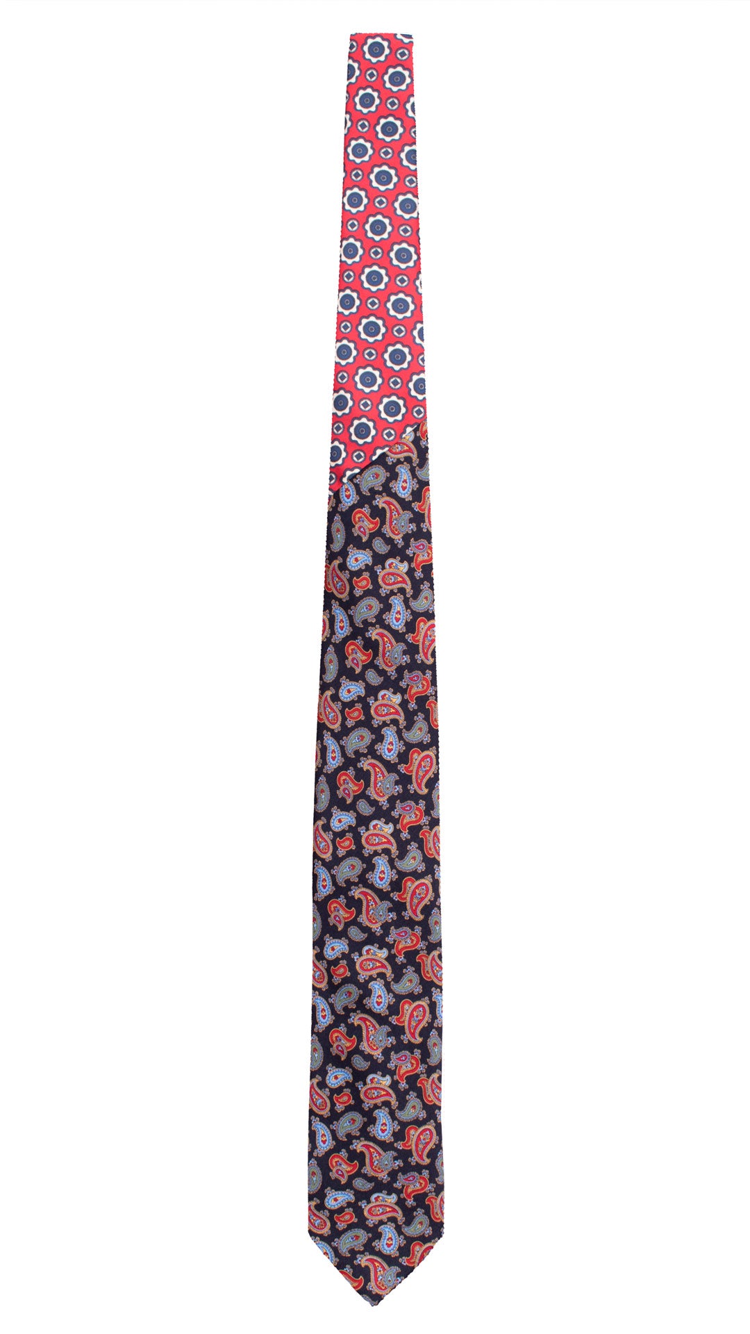 Cravatta Stampa di Seta Blu Paisley Multicolor Nodo in Contrasto Rosso Fantasia Blu Bianco N3440 Made in Italy Graffeo Cravatte Intera