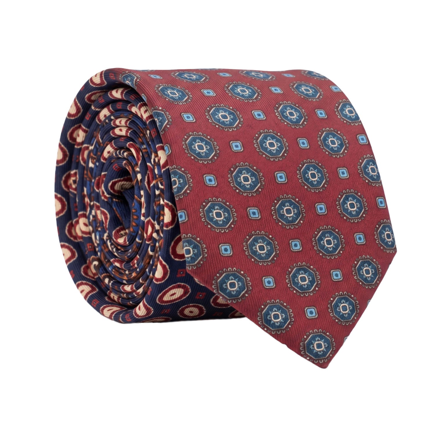 Cravatta Stampa di Seta Bordeaux Fantasia Blu Bianco Celeste Nodo in Contrast Blu Fantasia Bordeaux Beige N3268 Made in Italy Graffeo Cravatte Rotolo