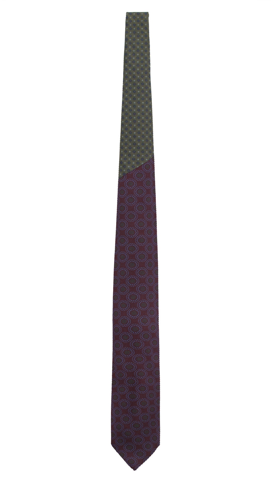 Cravatta Stampa di Seta Color Melanzana Fantasia Verde Scuro Azzurro Nodo in Contrasto Verde Oliva Fantasia Celeste Blu Rosso N3289 Made in Italy Graffeo Cravatte Intera