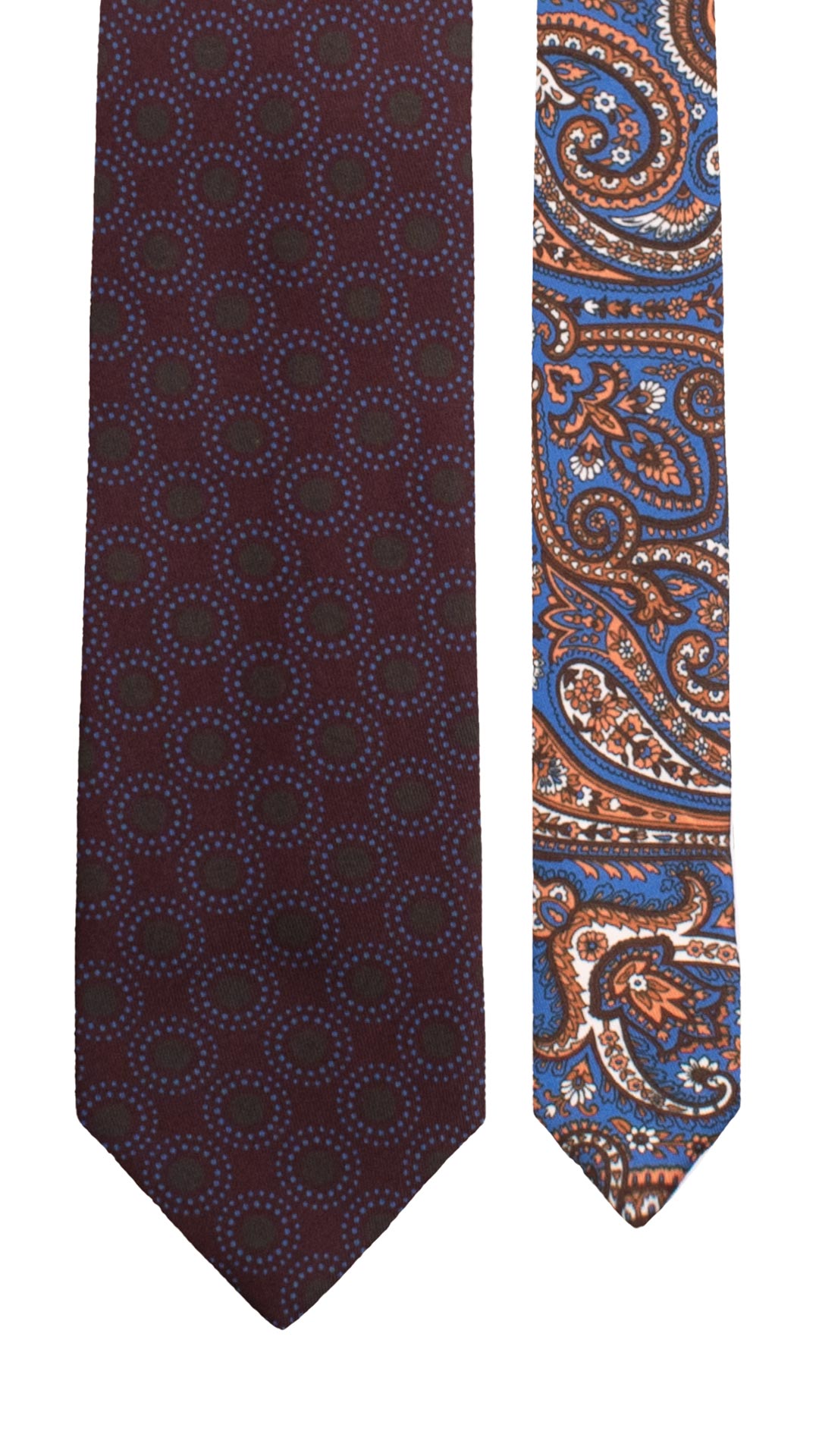 Cravatta Stampa di Seta Color Melanzana Fantasia Verde Scuro Azzurro Nodo in Contrasto Verde Oliva Fantasia Celeste Blu Rosso N3289 Made in Italy Graffeo Cravatte Pala
