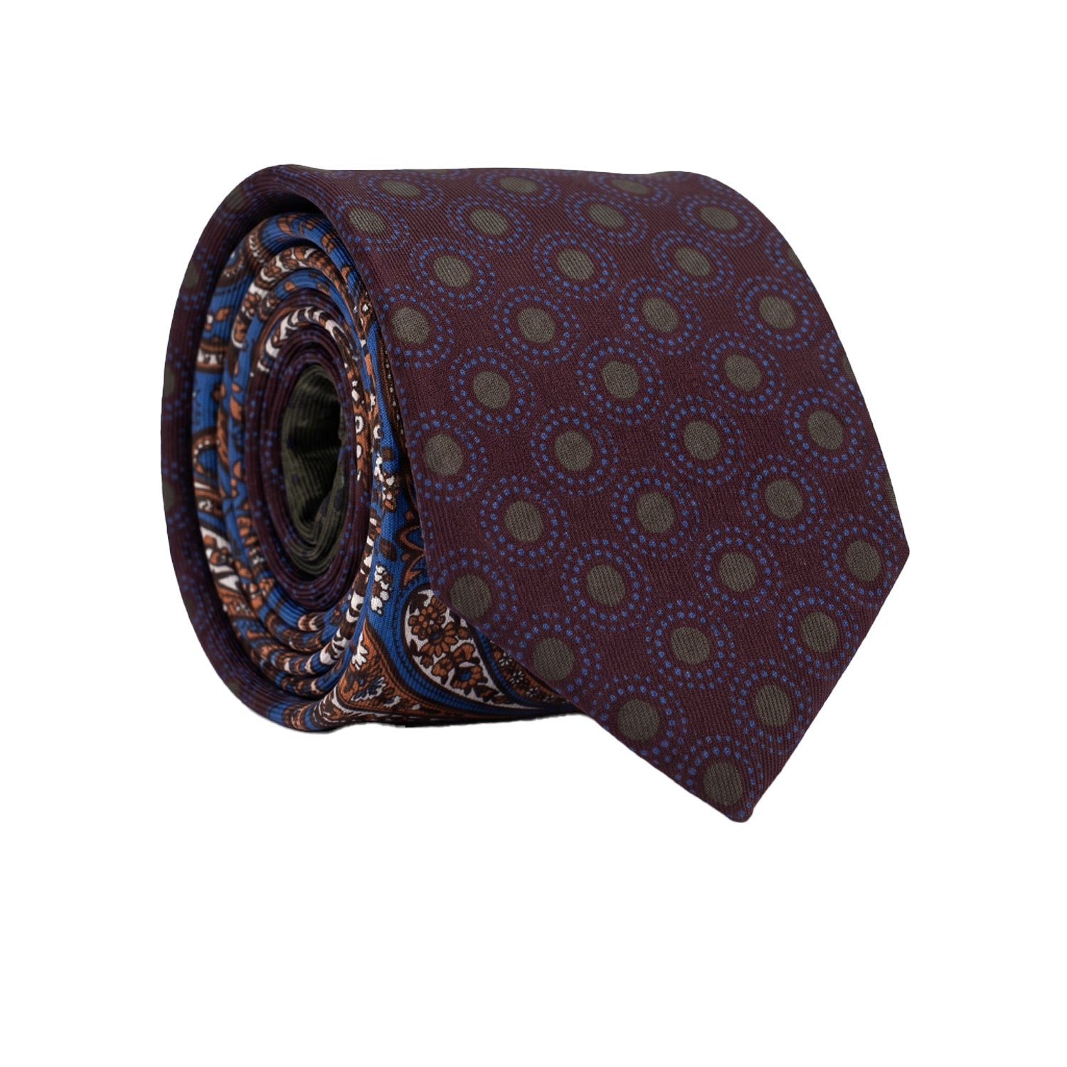 Cravatta Stampa di Seta Color Melanzana Fantasia Verde Scuro Azzurro Nodo in Contrasto Verde Oliva Fantasia Celeste Blu Rosso N3289 Made in Italy Graffeo Cravatte Rotolo