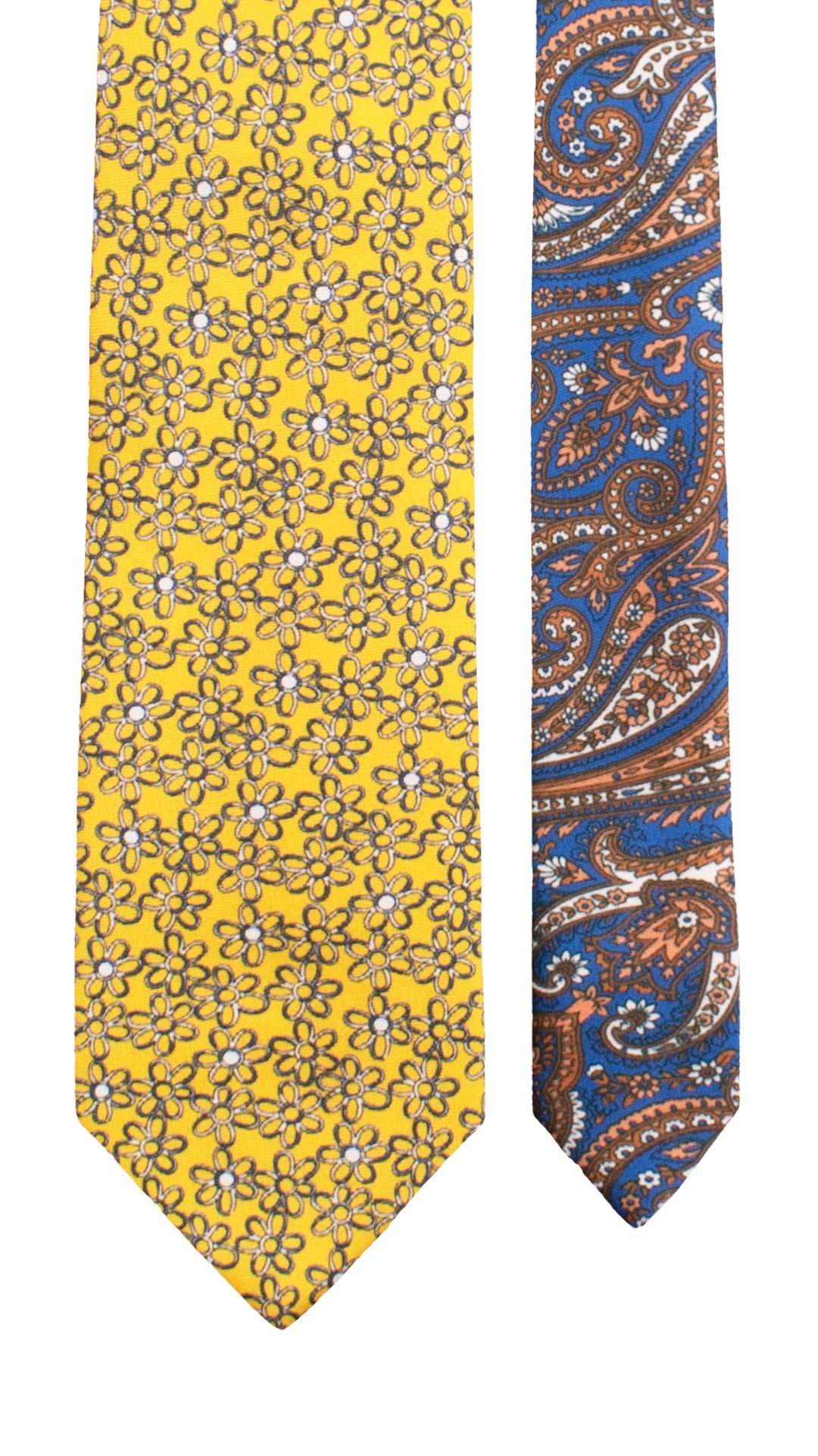 Cravatta Stampa di Seta Gialla a Fiori Blu Bianchi Nodo in Contrasto Blu Fantasia Multicolor N3278 Made in Italy Graffeo Cravatte Pala