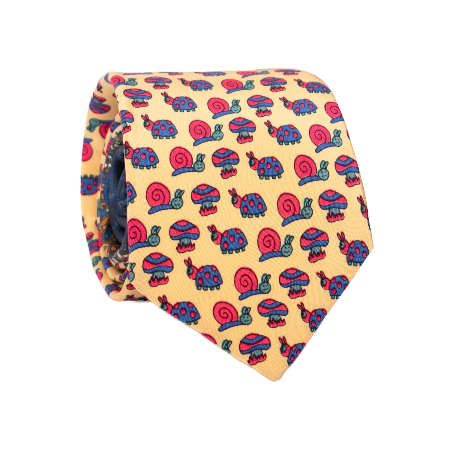 Cravatta Stampa di Seta Giallo Crema con Animali Multicolor Pala Piccola in Contrasto AN7311 Graffeo Cravatte Made in Italy Rotolo