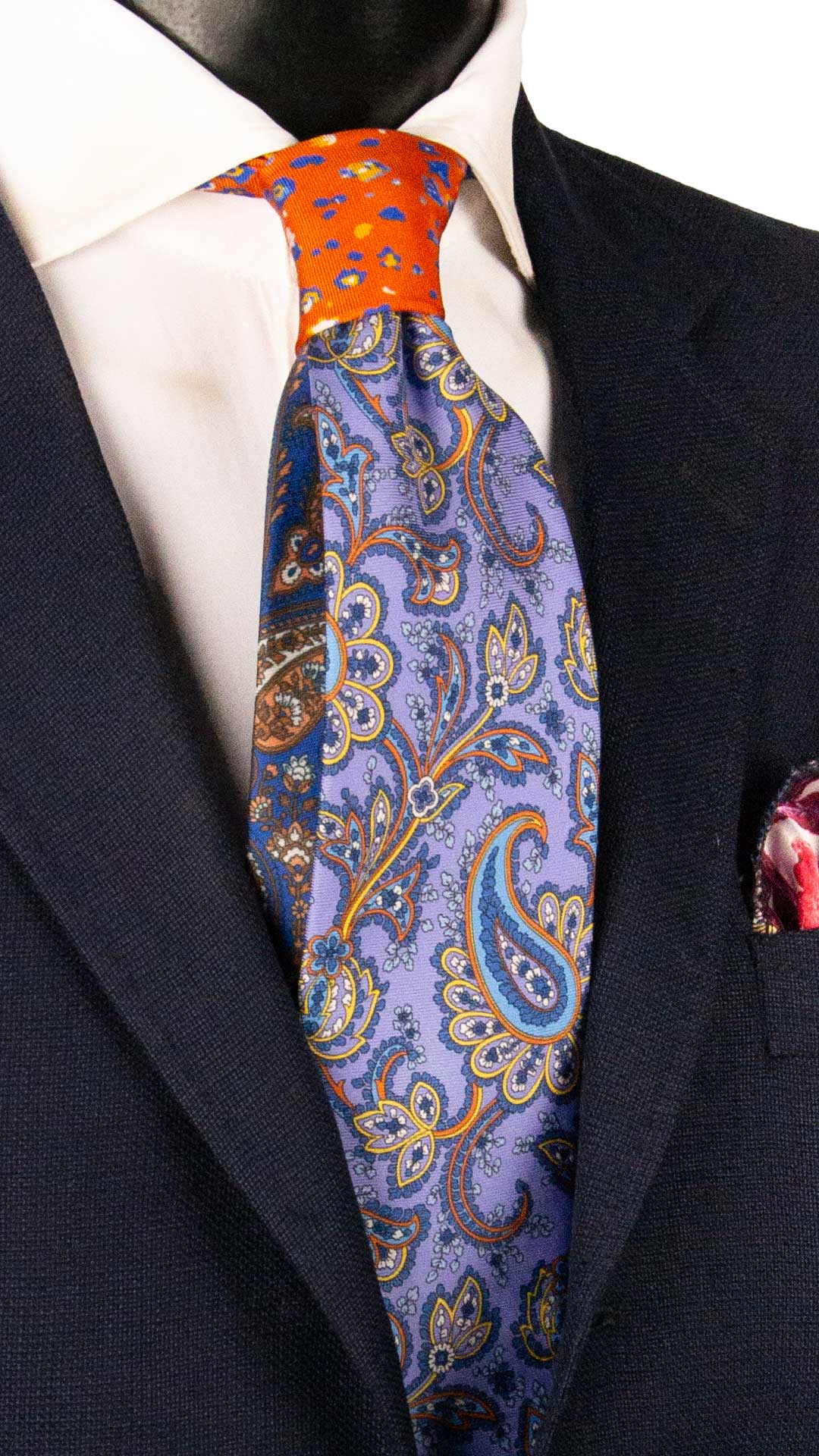 Cravatta Stampa di Seta Indaco Paisley Multicolor Nodo in Contrasto Arancione Fantasia Multicolor N3452 Made in Italy Graffeo Cravatte