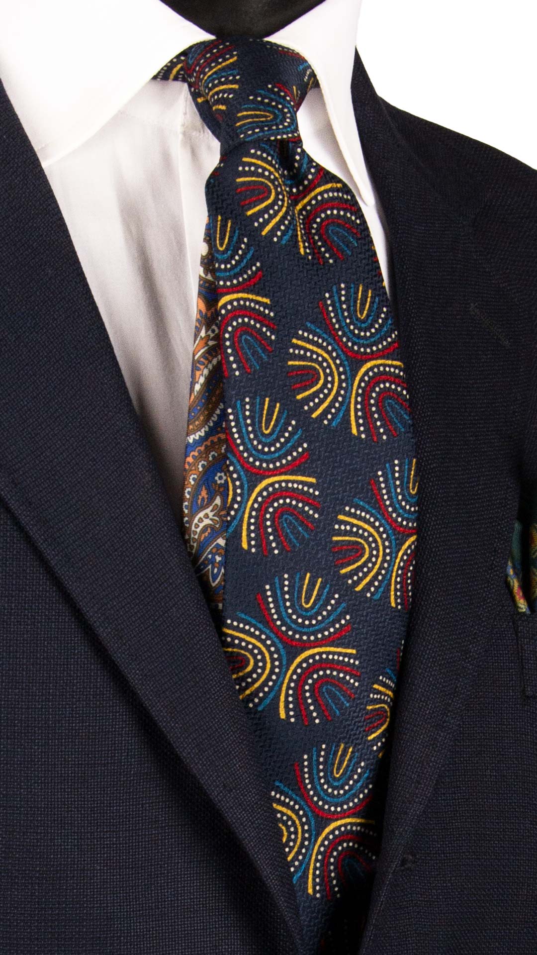 Cravatta-Stampa-di-Seta-Jacquard-Blu-Fantasia-Multicolor-Pala-Piccola-in-Contrasto-AN7044