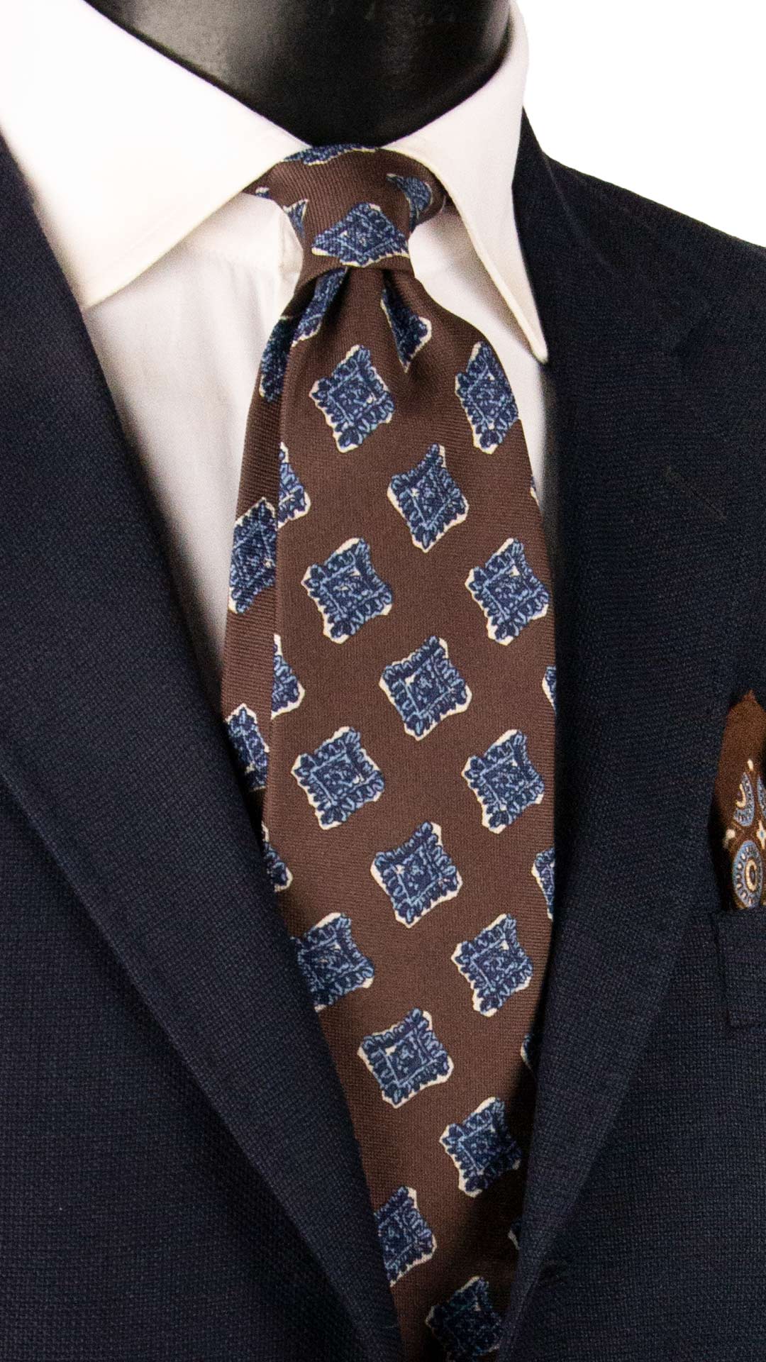 Cravatta Stampa di Seta Marrone Fantasia Blu Navy Celeste Bianco AN8093 Made in Italy Graffeo Cravatte