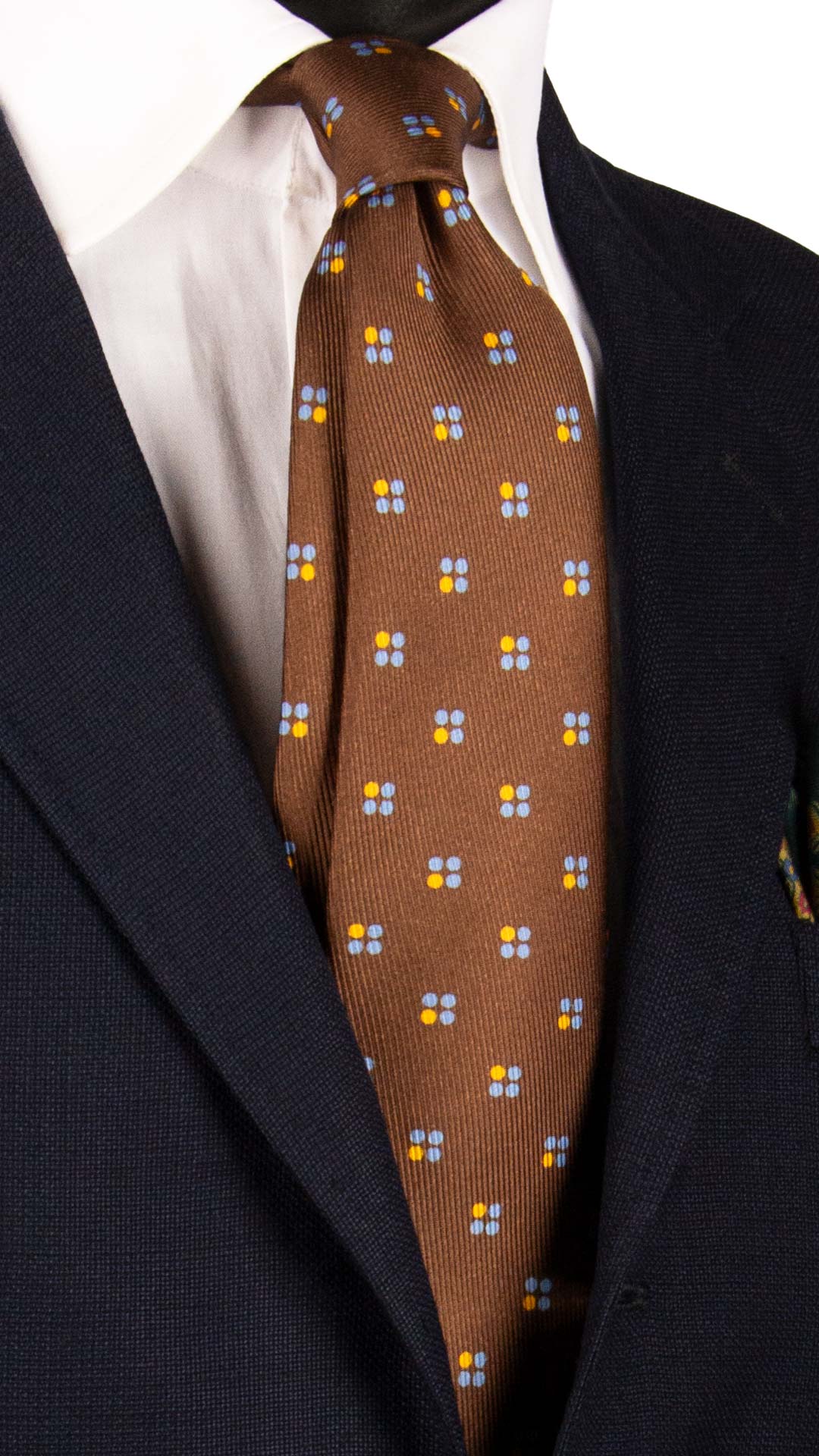 Cravatta-Stampa-di-Seta-Marrone-Fantasia-Celeste-Arancione-AN7053