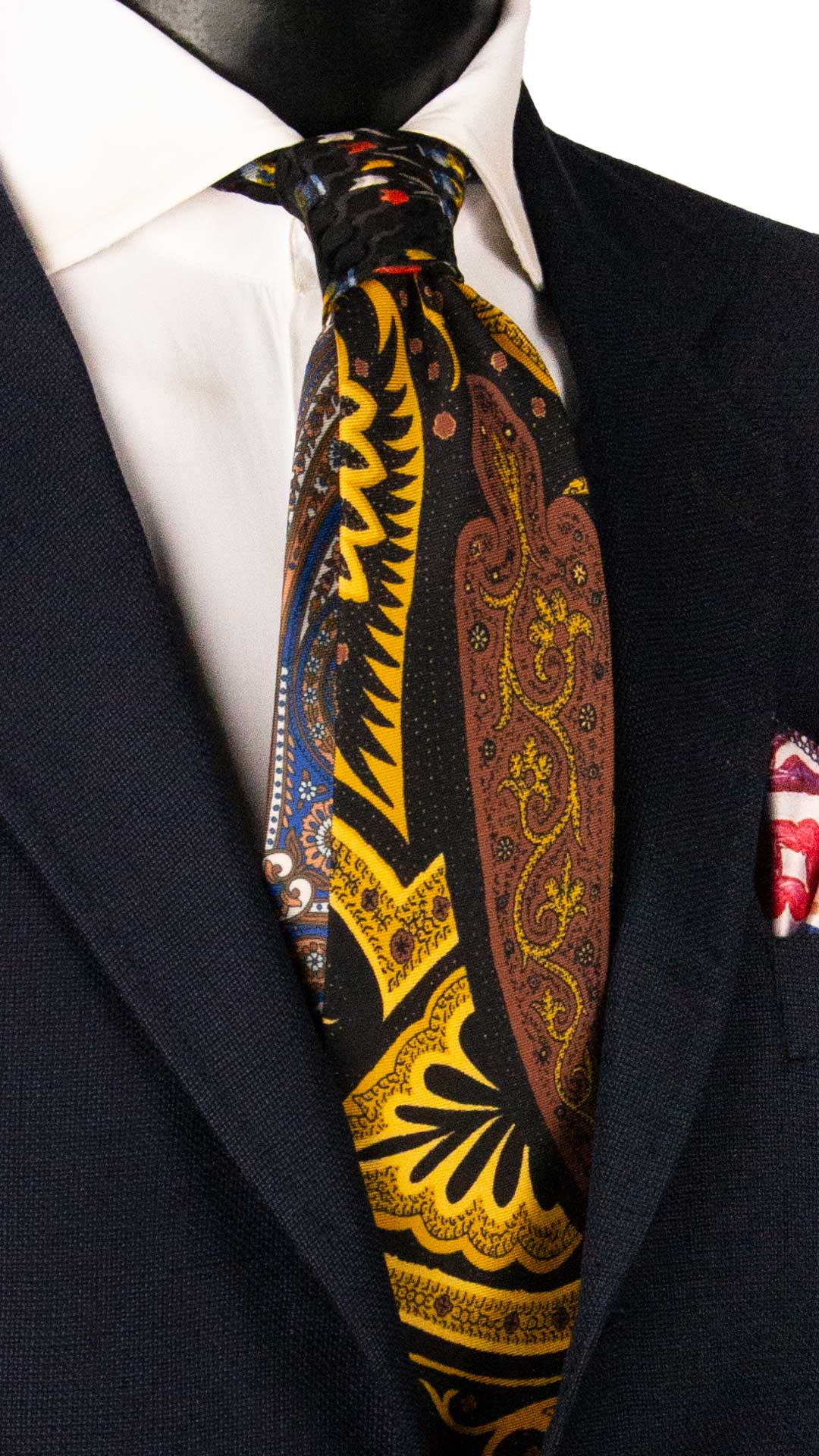 Cravatta Stampa di Seta Nera Paisley Marrone Giallo Nodo in Contrasto Nero Fantasia Multicolor N3293 Made in Italy Graffeo Cravatte