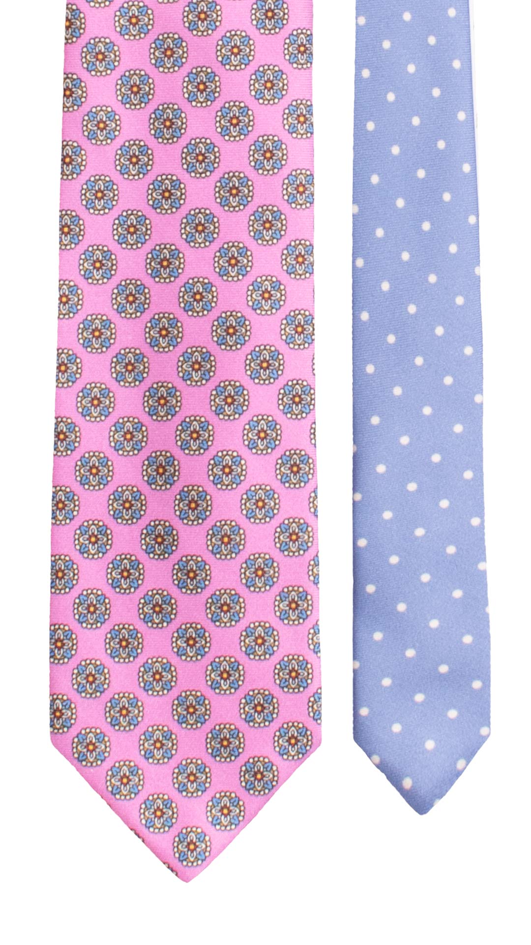 Cravatta Stampa di Seta Rosa Fantasia Multicolor Pala Piccola in Contrasto Lilla a Pois Bianchi AN7760 Made in Italy Graffeo Cravatte Pala
