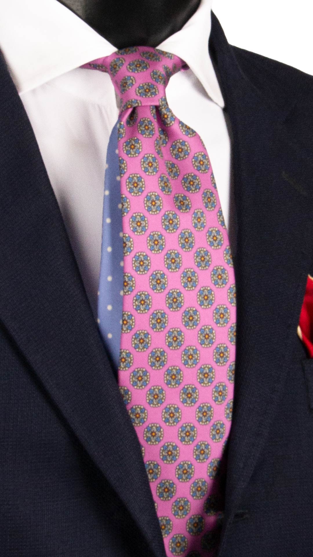 Cravatta Stampa di Seta Rosa Fantasia Multicolor Pala Piccola in Contrasto Lilla a Pois Bianchi AN7760 Made in Italy Graffeo Cravatte
