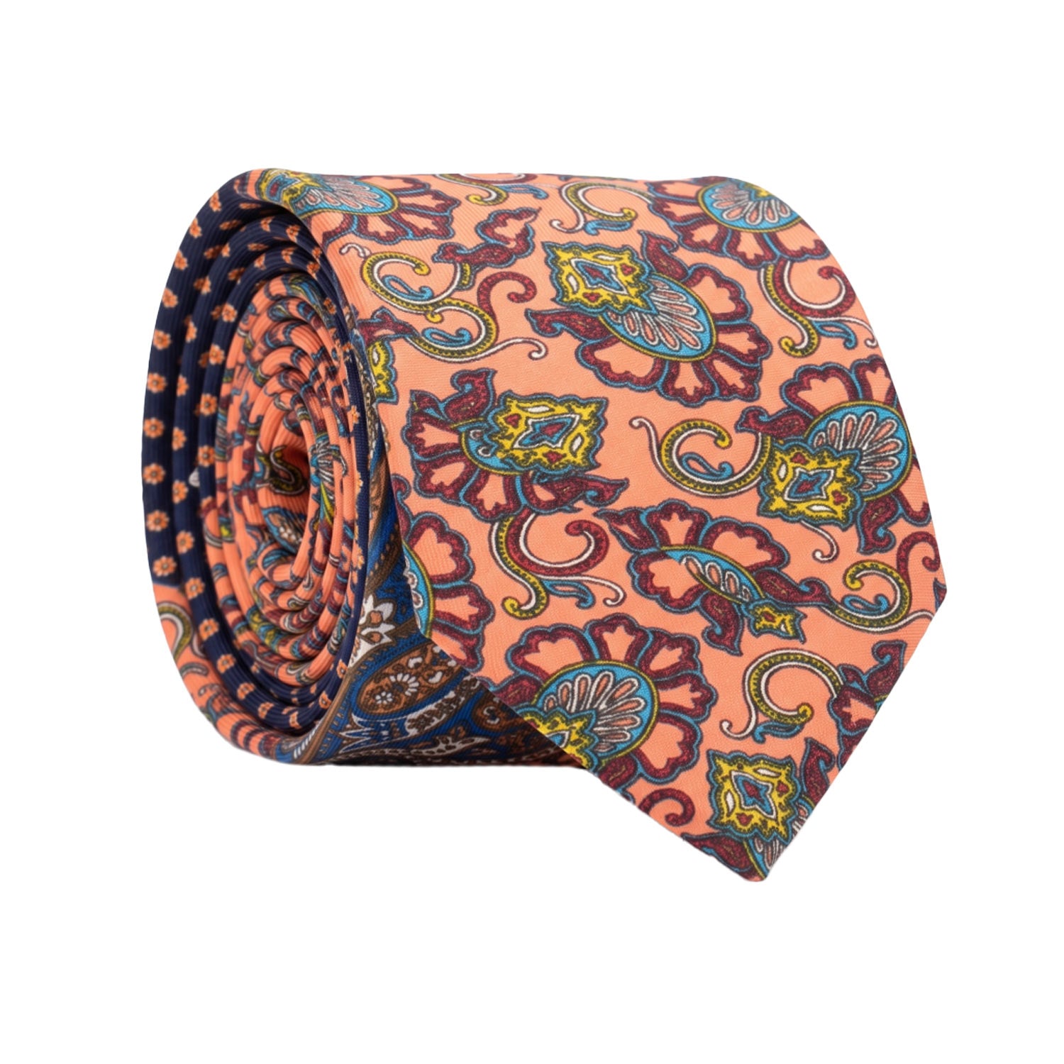 Cravatta Stampa di Seta Rosa Salmone Paisley Multicolor Nodo in Contrasto Blu Notte a Fiori Rosa Salmone N3271 Made in Italy Graffeo Cravatte Rotolo