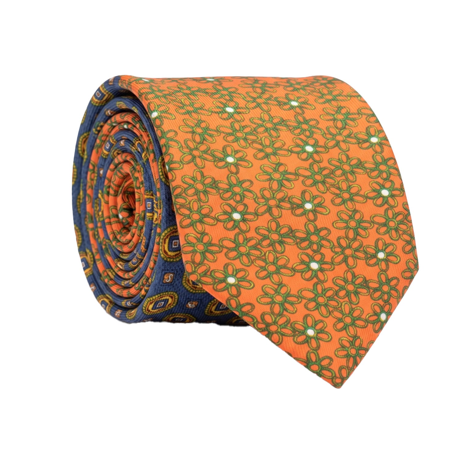 Cravatta Stampa di Seta Rosa Salmone a Fiori Verdi Bianchi Nodo in Contrasto Verde Paisley Rosa Salmone Blu Navy N3269 Made in Italy Graffeo Cravatte Rotolo