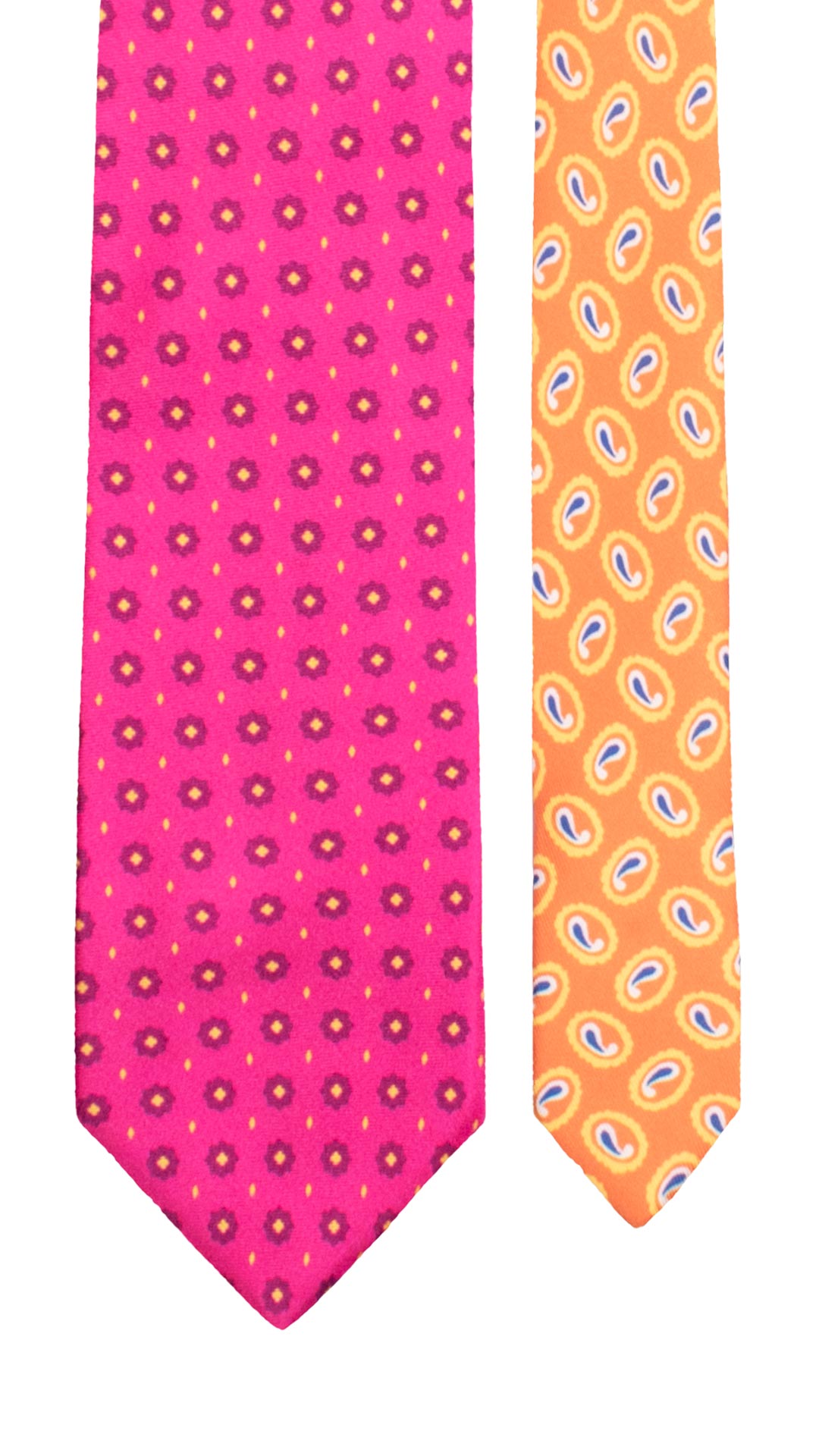 Cravatta Stampa di Seta Rosa Shocking Fantasia Viola Giallo Nodo in Contrasto Senape Paisley Multicolor N3270 Made in Italy Graffeo Cravatte Pala