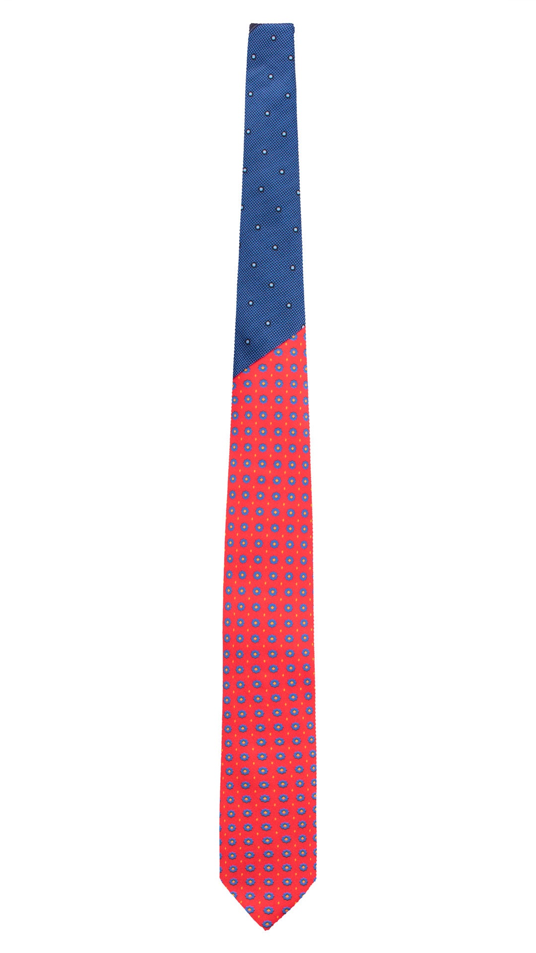 Cravatta Stampa di Seta Rosso Corallo Fantasia Bluette Giallo Nodo in Contrasto Bluette Fantasia Celeste N3282 Made in Italy Graffeo Cravatte Intera