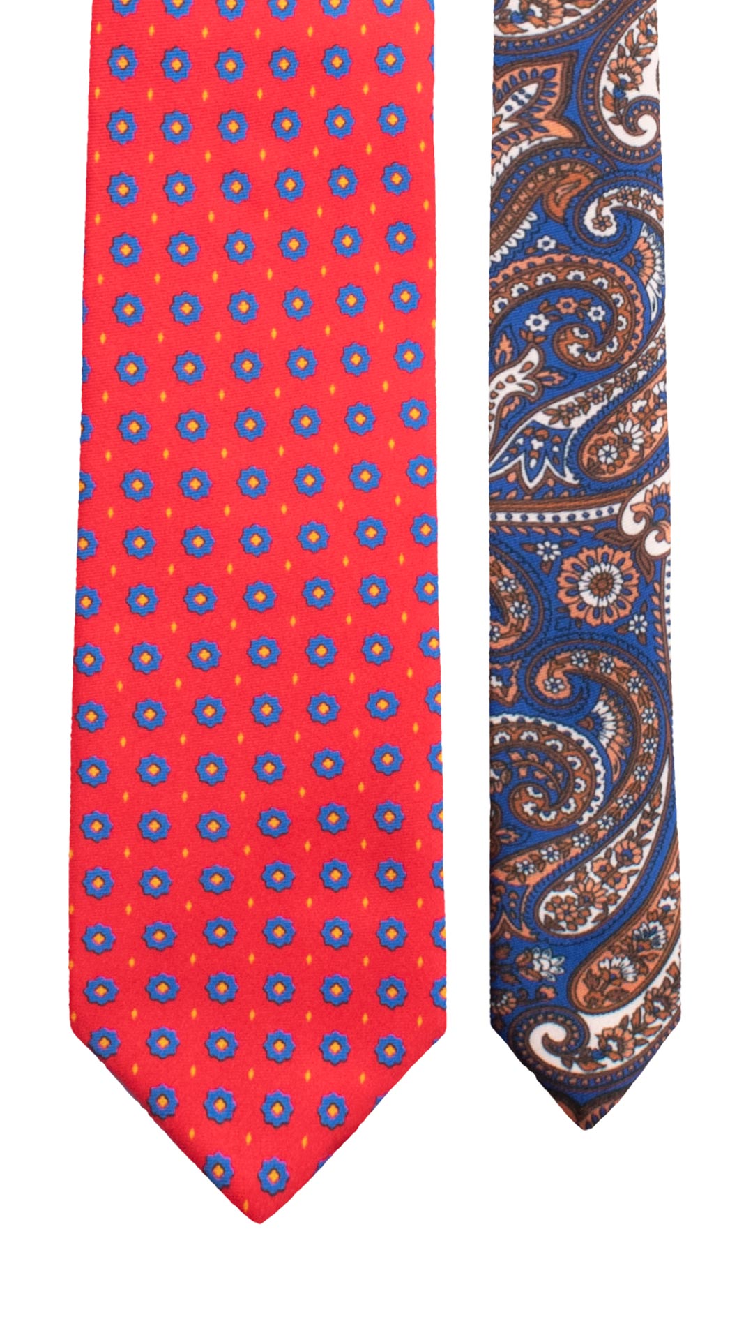 Cravatta Stampa di Seta Rosso Corallo Fantasia Bluette Giallo Nodo in Contrasto Bluette Fantasia Celeste N3282 Made in Italy Graffeo Cravatte Pala